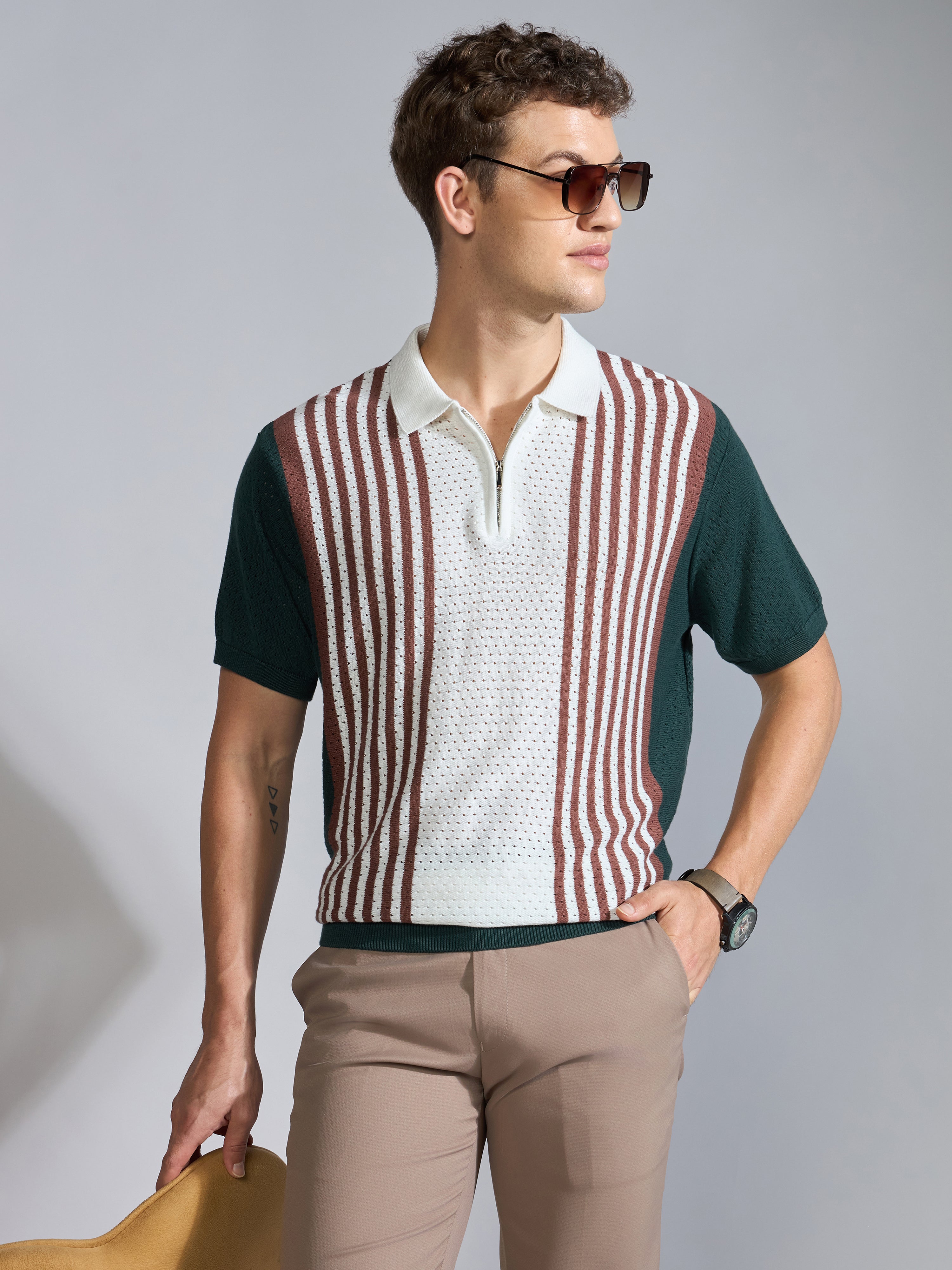 Men's  Regular Fit Half Zip Stripe Knit Polo T-Shirt in green