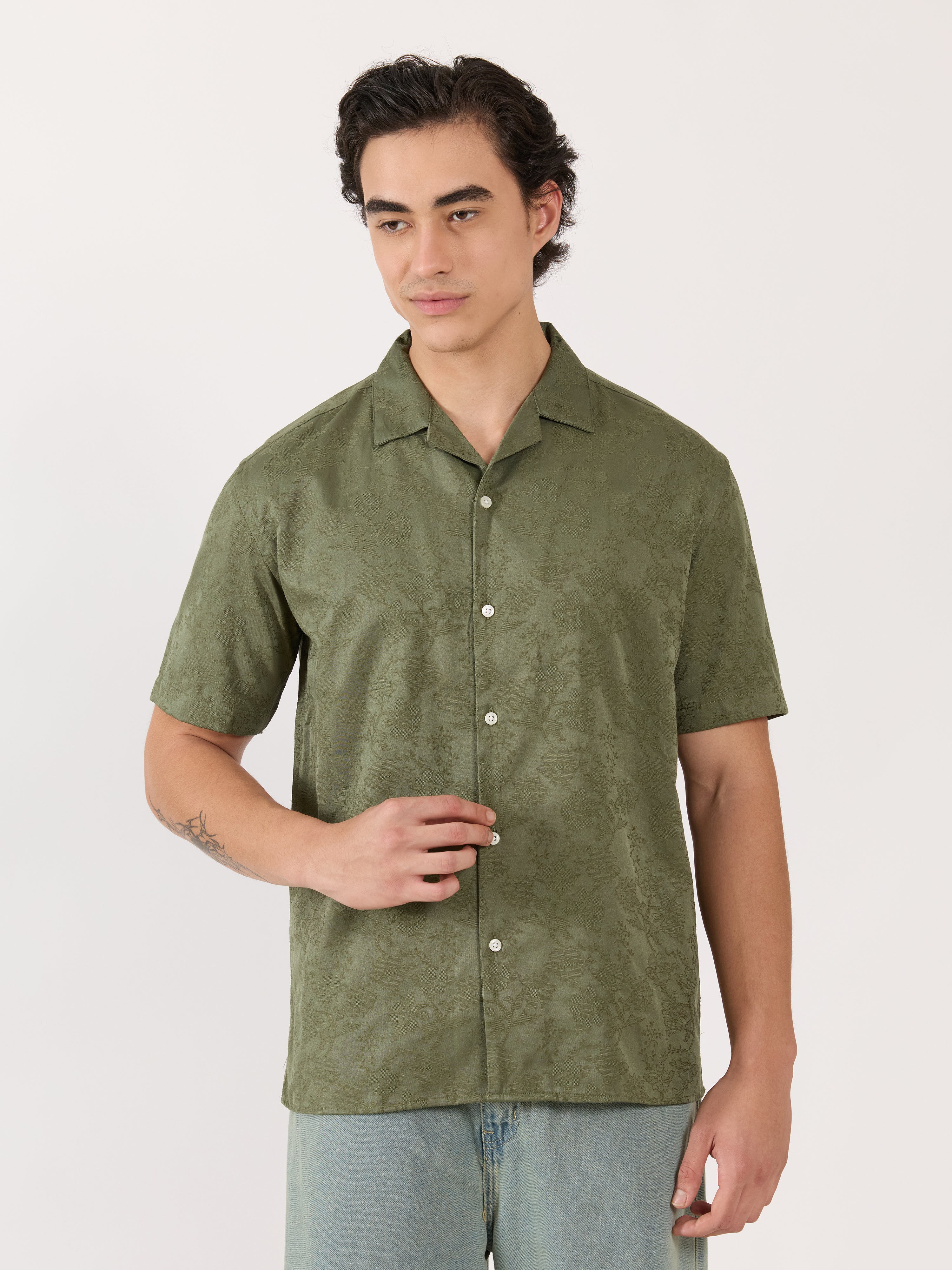 Men's Embroidered Cuban Collar Shirt - green