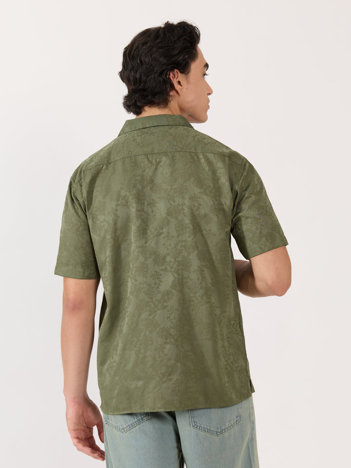 Men's Embroidered Cuban Collar Shirt - green