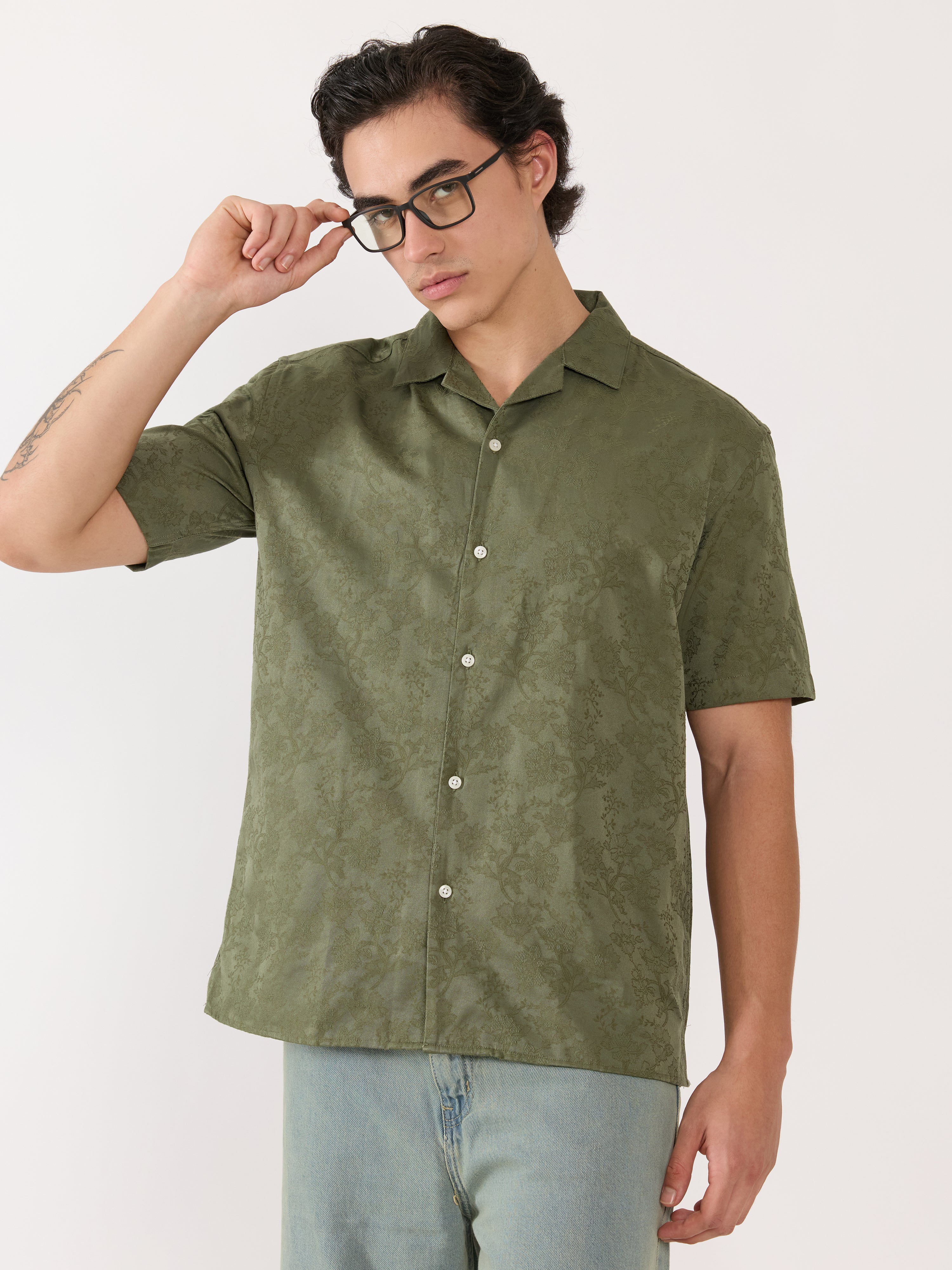 Men's Embroidered Cuban Collar Shirt - green