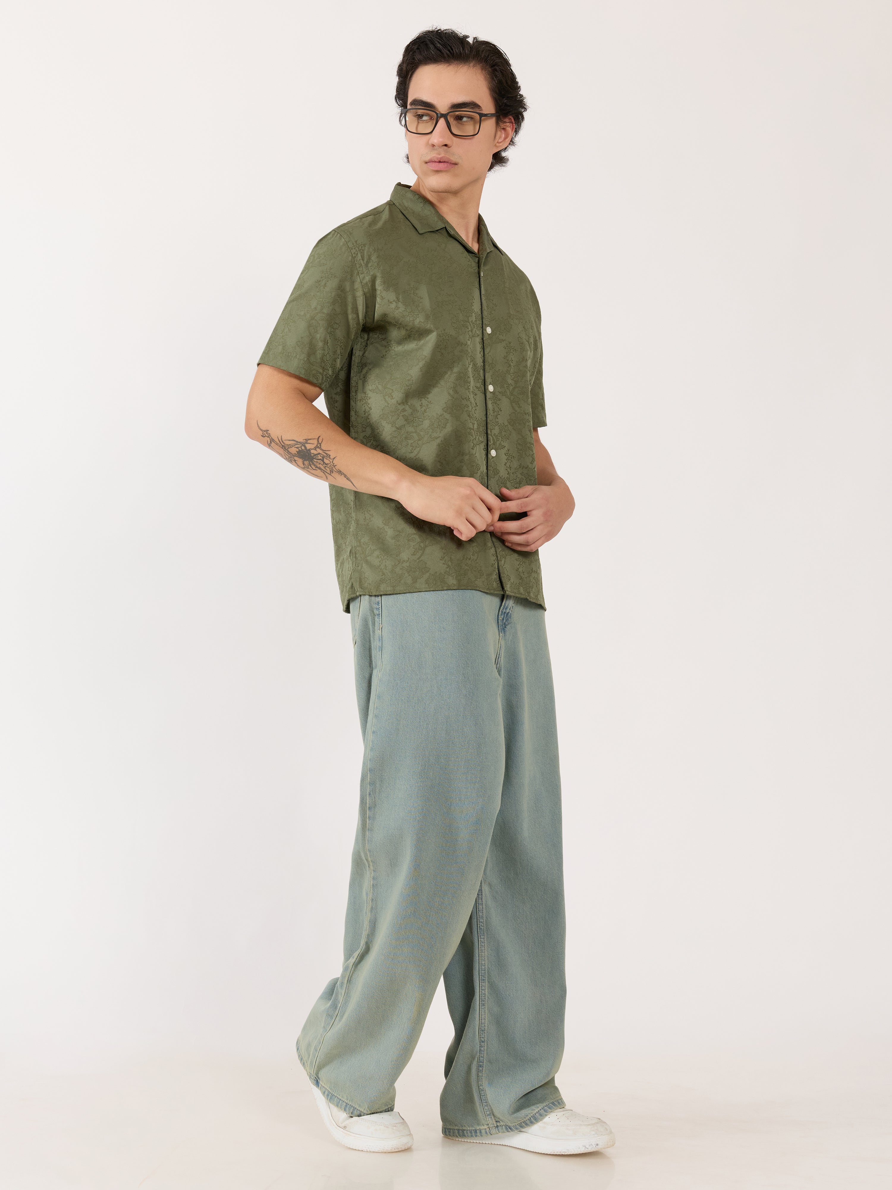 Men's Embroidered Cuban Collar Shirt - green