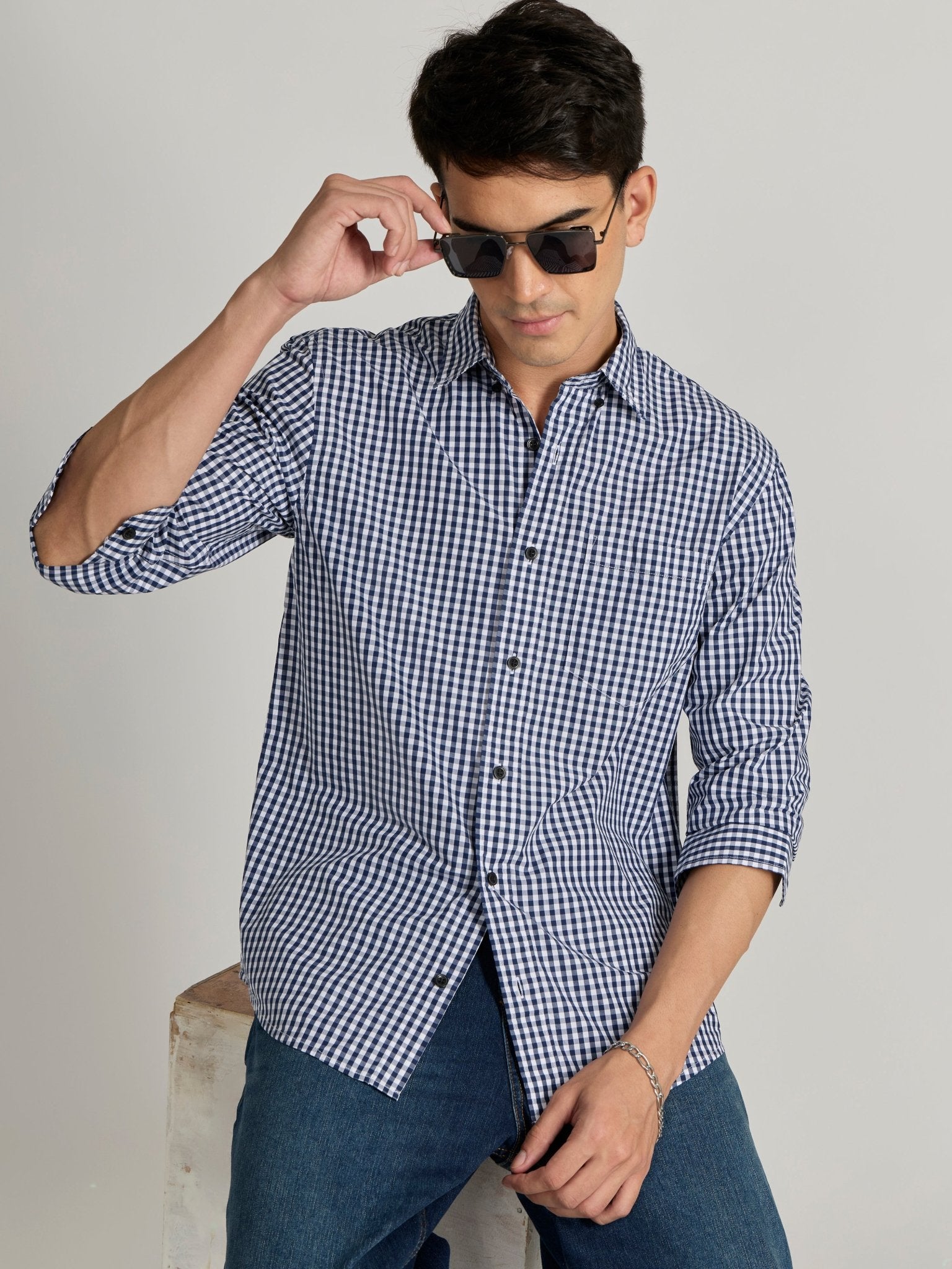 Torsten - Relaxed Fit Checks Shirt - Dark Blue - Espanshe