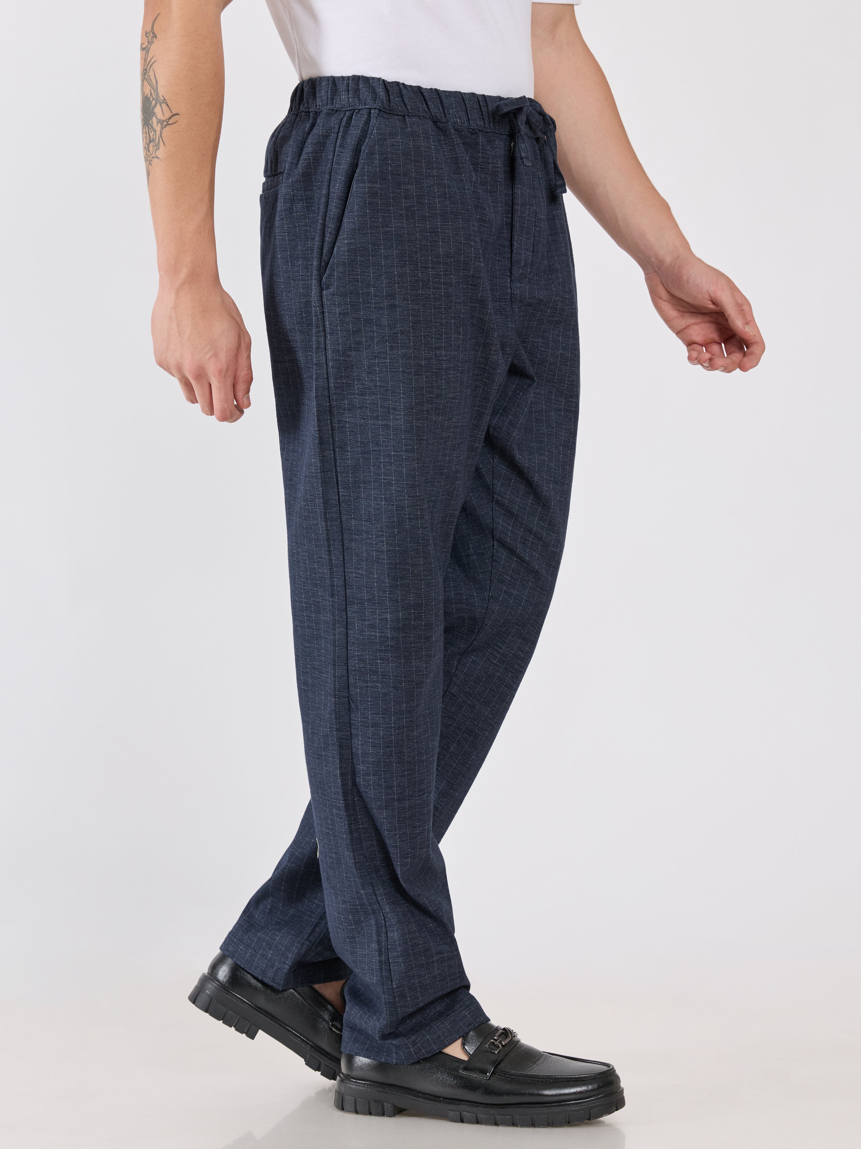 mens Striped Drawstring Loose Fit Pant - navy