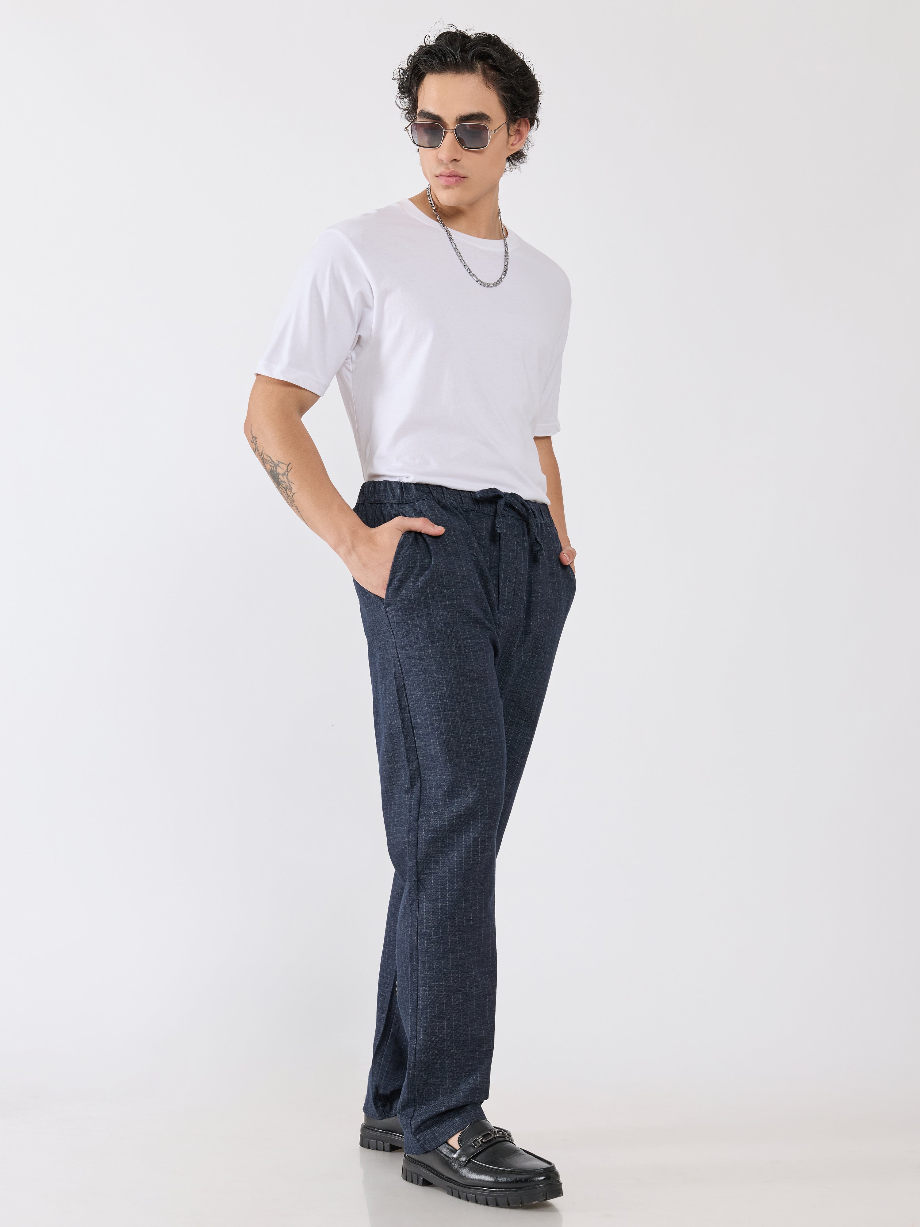 mens Striped Drawstring Loose Fit Pant - navy