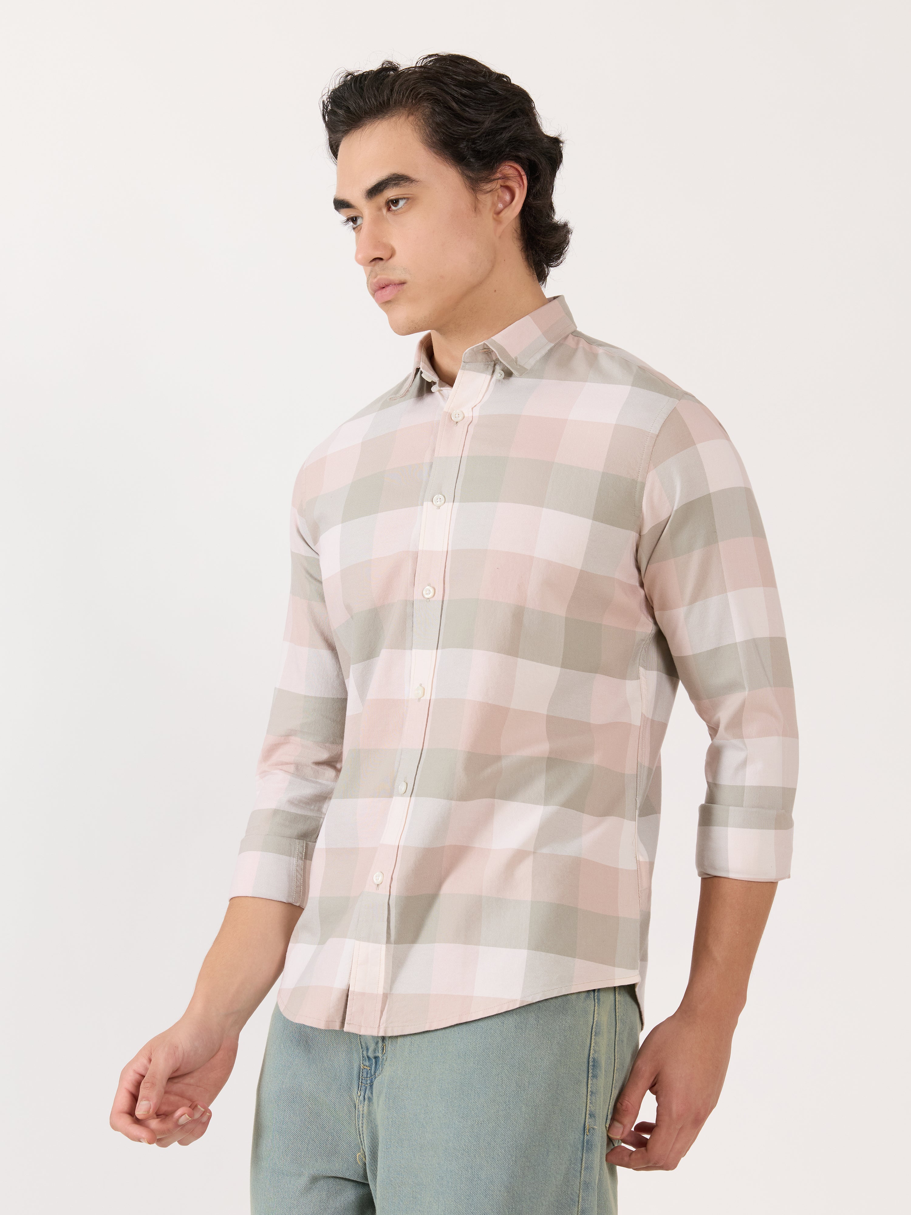 Men's Turkish Fit Checked Shirt - pink and grey