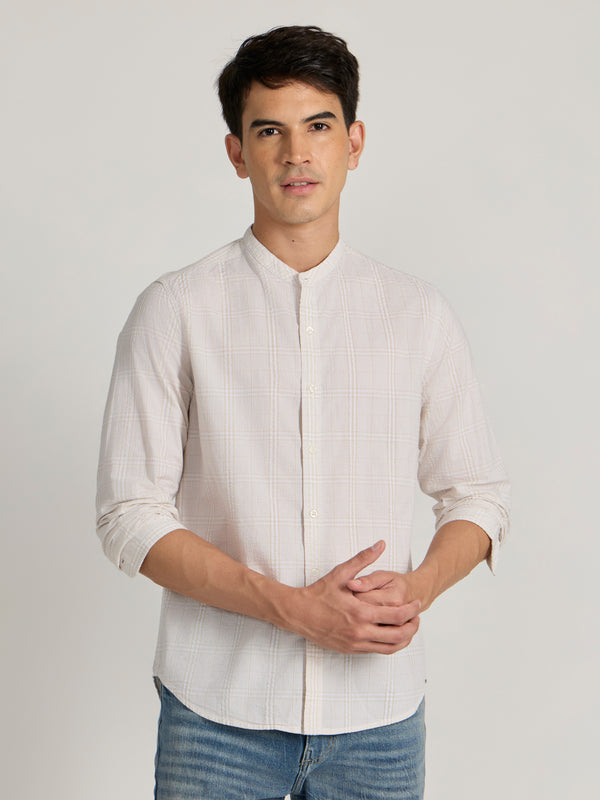 Hadrian - Band Collar Checks Shirt - Light Peach