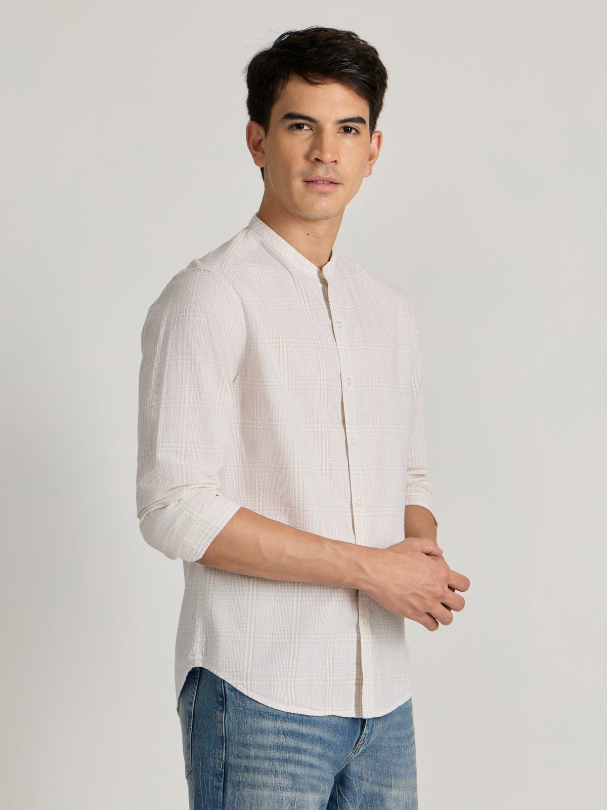 Hadrian - Band Collar Checks Shirt - Light Peach - Espanshe