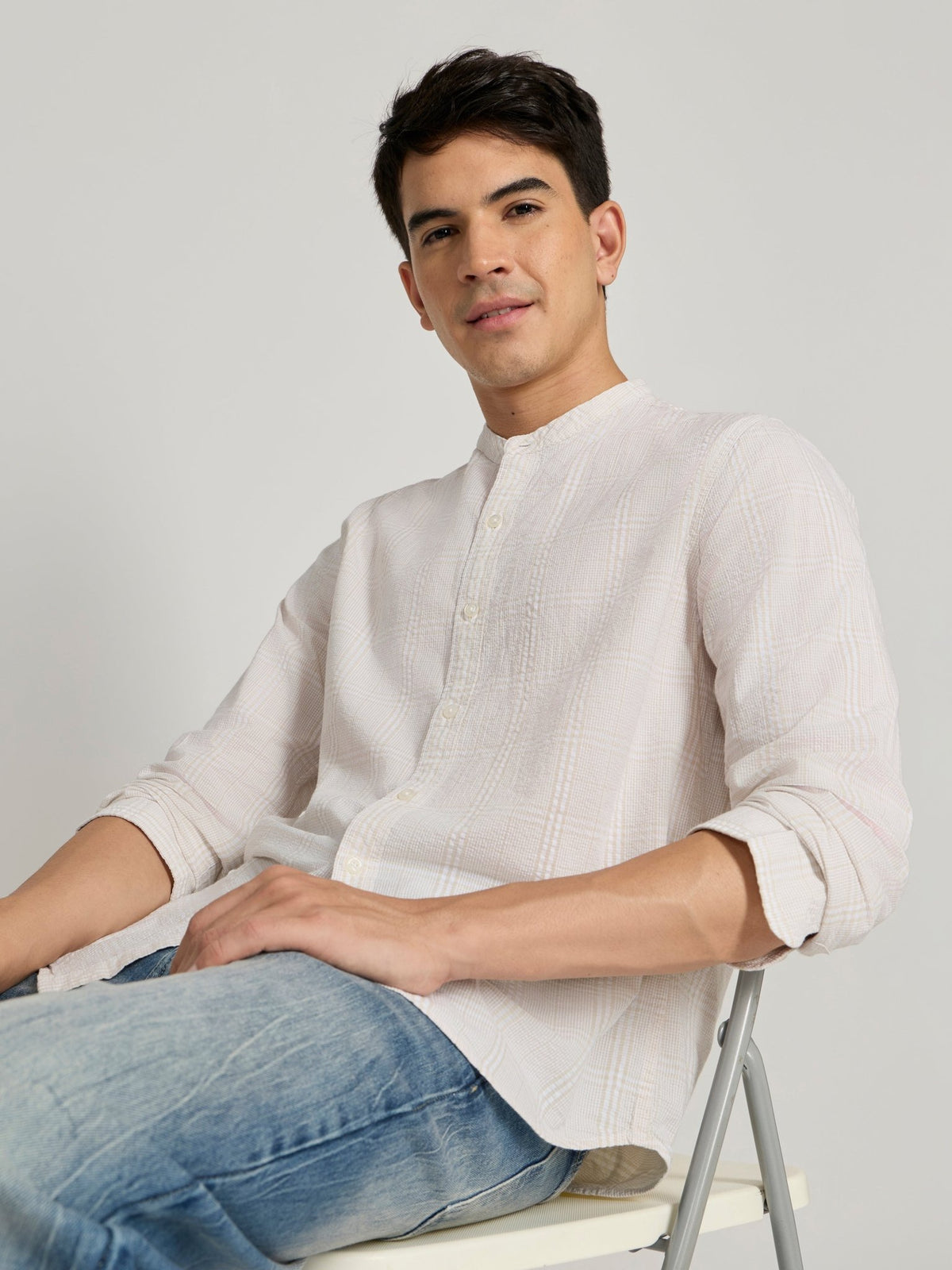 Hadrian - Band Collar Checks Shirt - Light Peach - Espanshe