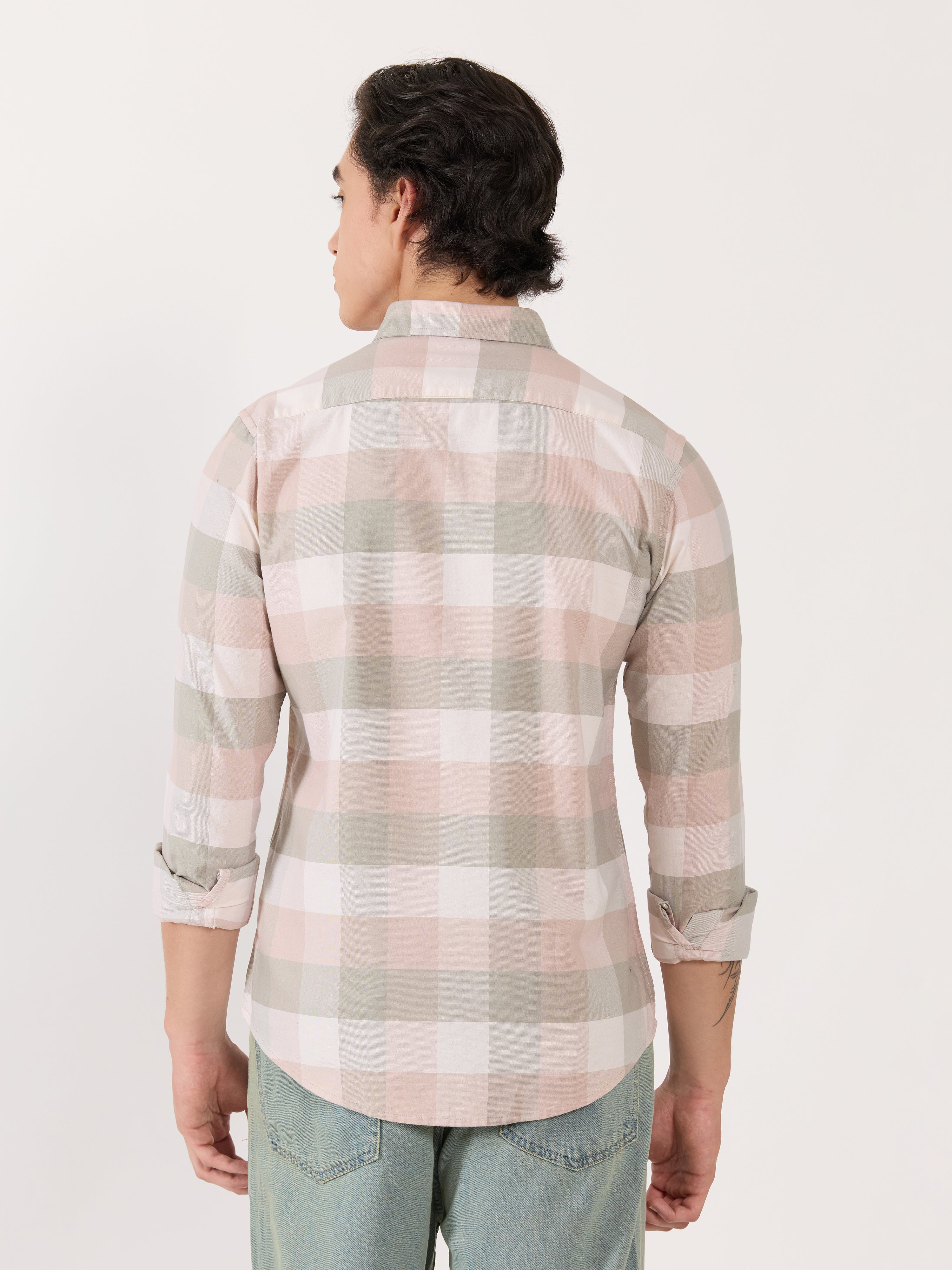 Men's Turkish Fit Checked Shirt - pink and grey