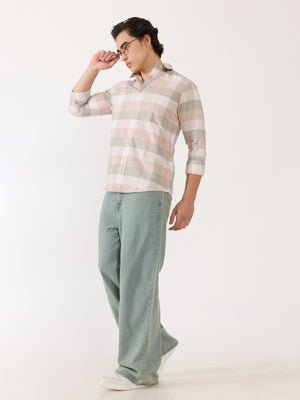 Men's Turkish Fit Checked Shirt - pink and grey