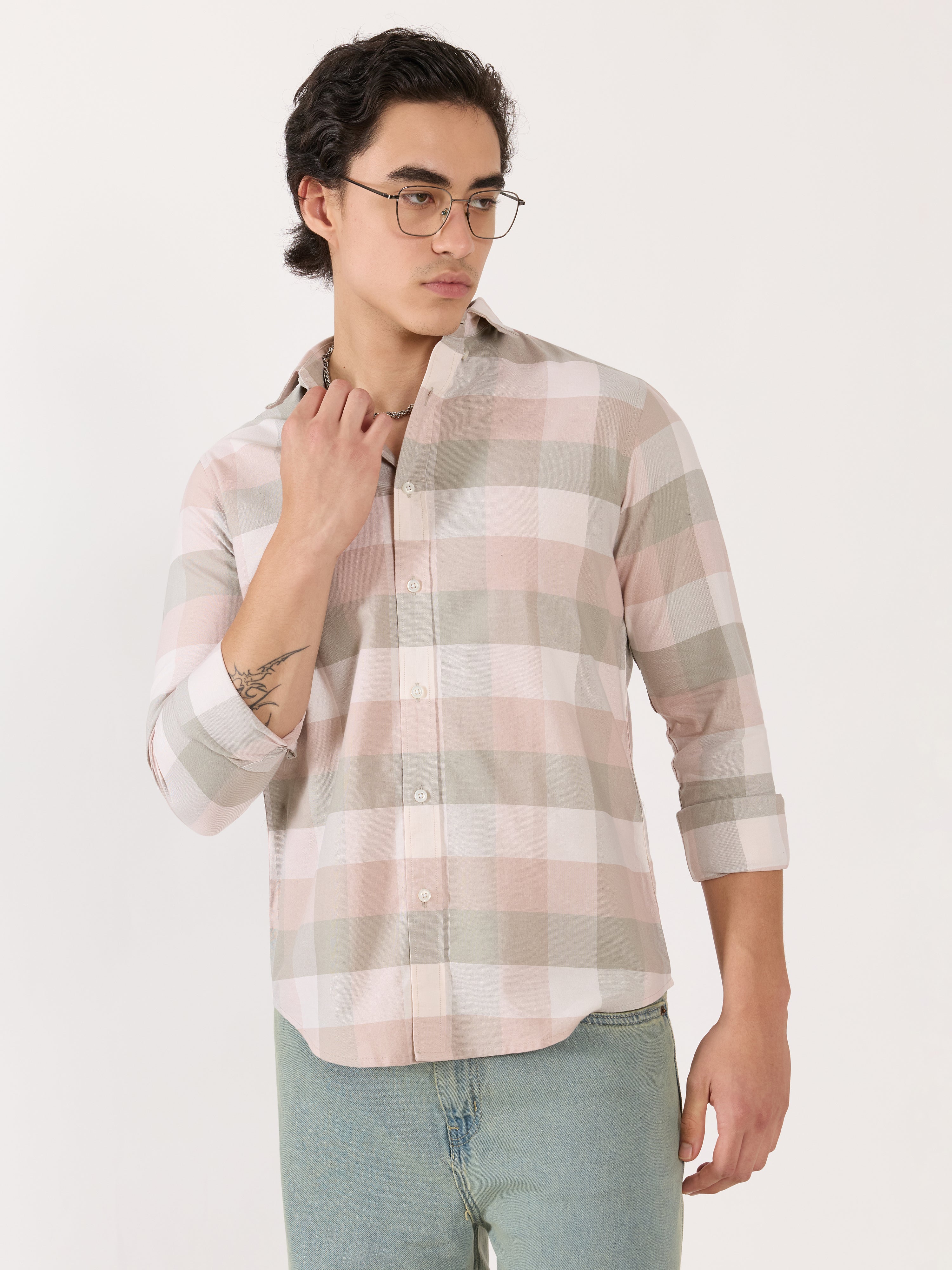 Men's Turkish Fit Checked Shirt - pink and grey