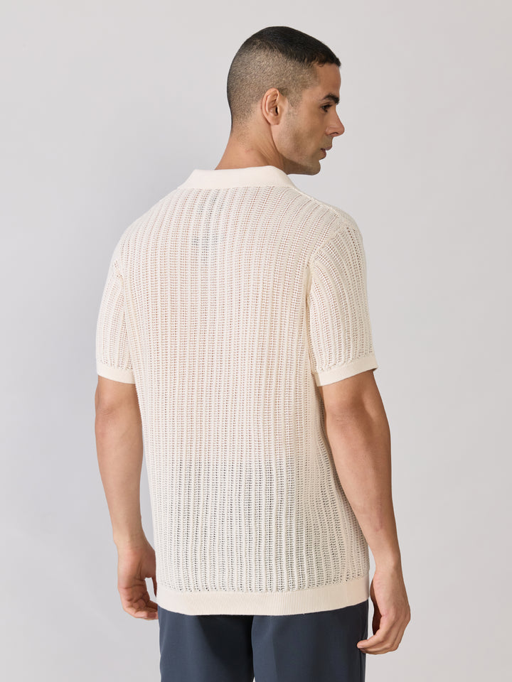 Regular Fit Open Knit Polo T-Shirt in cream