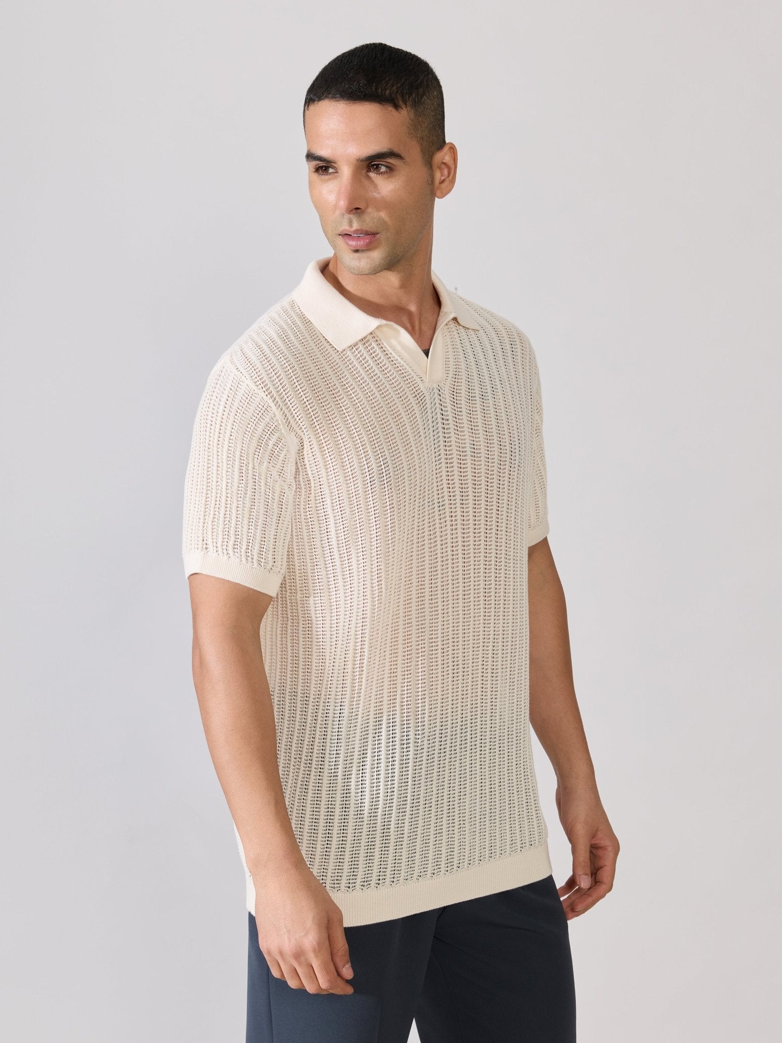 Kikeos-2 - Regular Fit Open Knit Polo T-Shirt - Cream - Espanshe