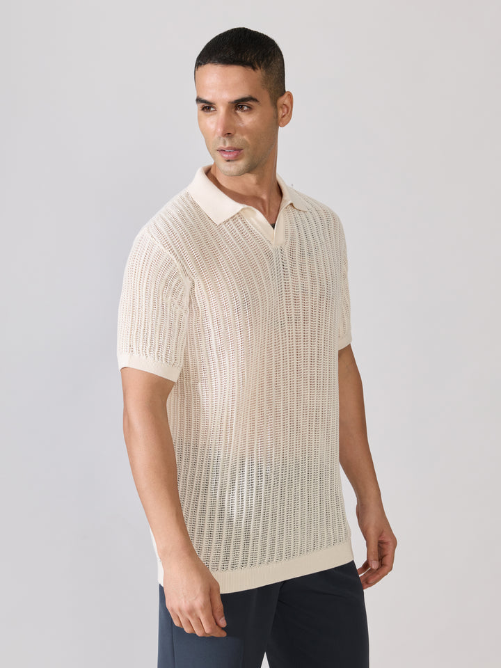 Regular Fit Open Knit Polo T-Shirt in cream