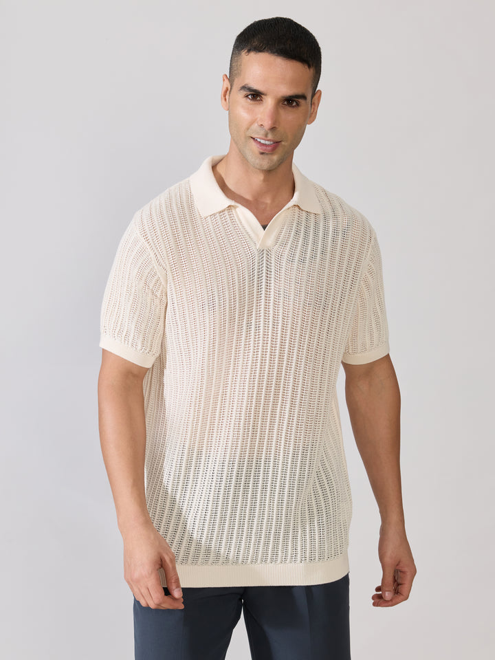 Regular Fit Open Knit Polo T-Shirt in cream