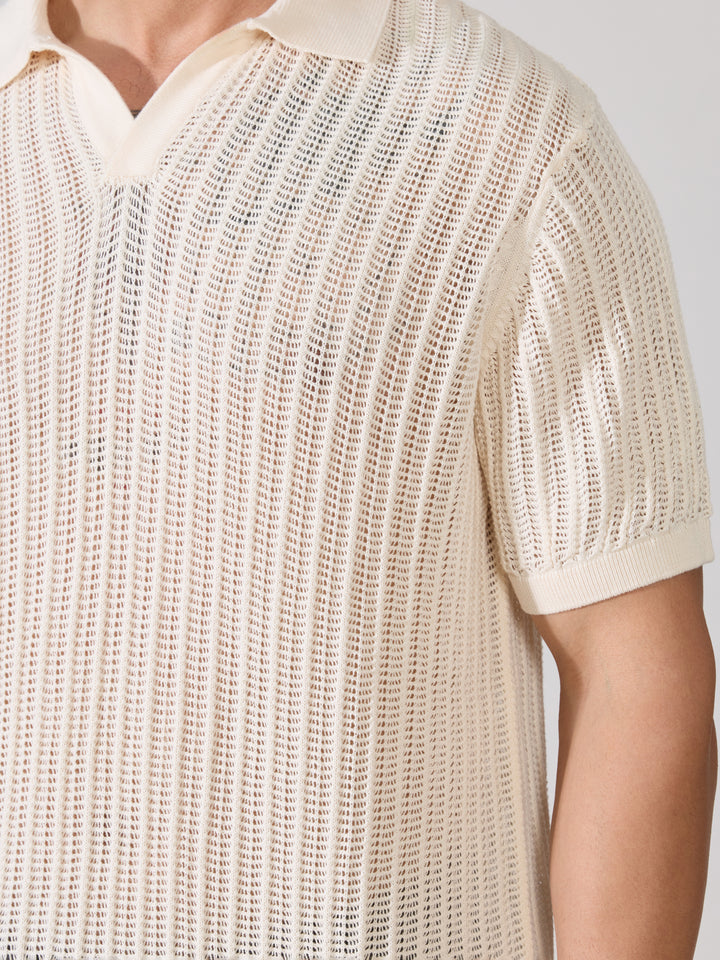 Regular Fit Open Knit Polo T-Shirt in cream
