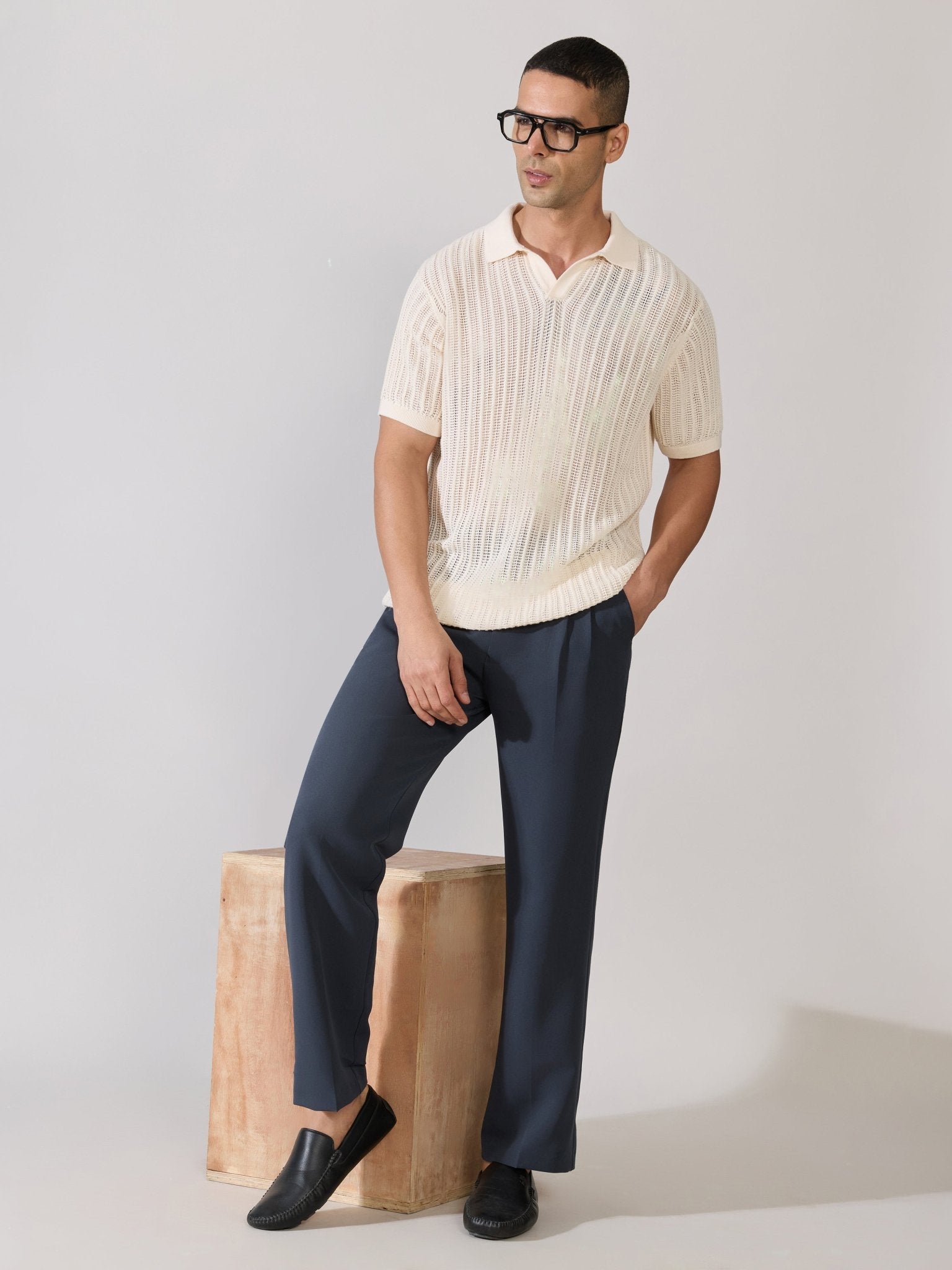 Kikeos-2 - Regular Fit Open Knit Polo T-Shirt - Cream - Espanshe