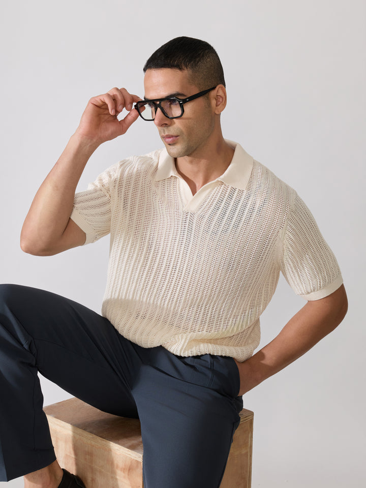 Regular Fit Open Knit Polo T-Shirt in cream
