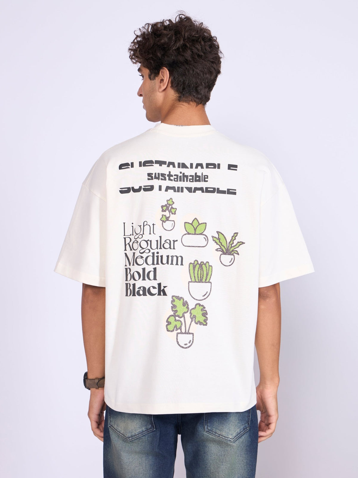 Everston - Sustainable Printed Baggy T-Shirt - Cream - Espanshe
