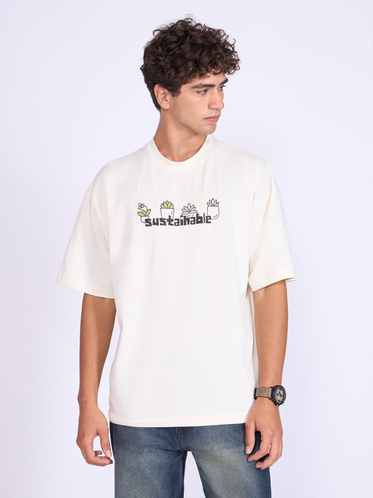 Everston - Sustainable Printed Baggy T-Shirt - Cream - Espanshe
