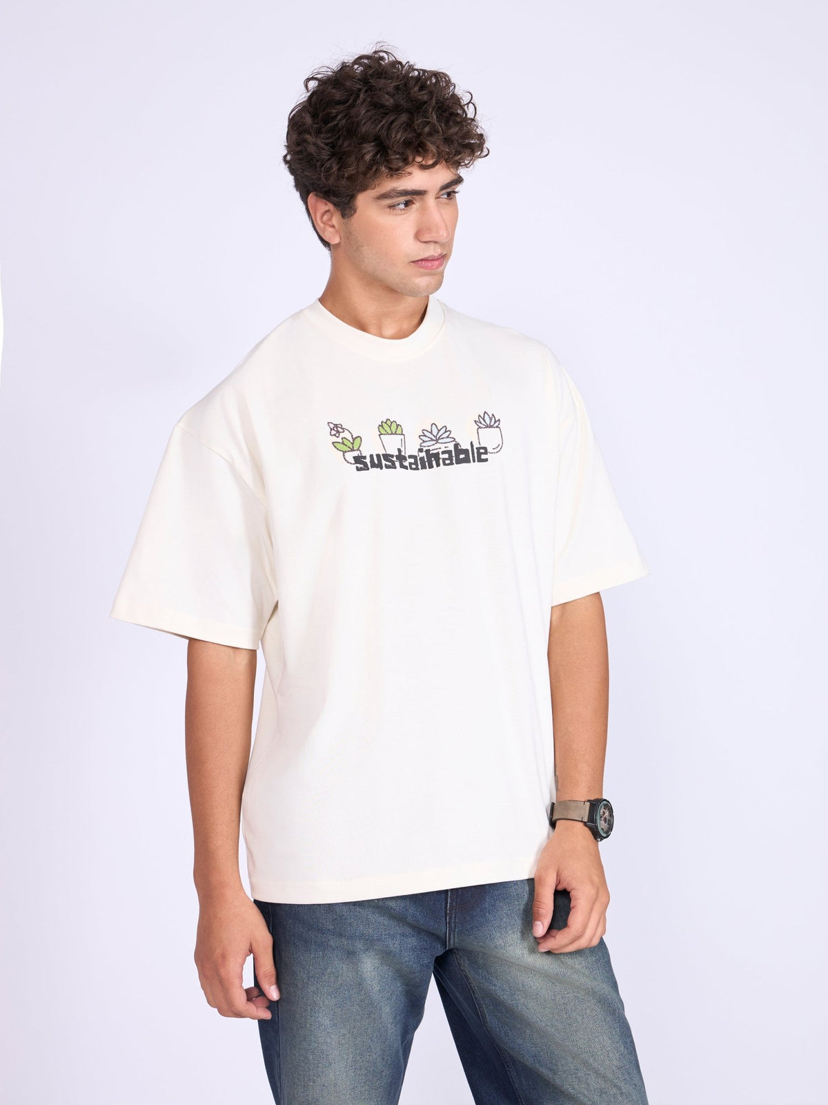 Everston - Sustainable Printed Baggy T-Shirt - Cream - Espanshe