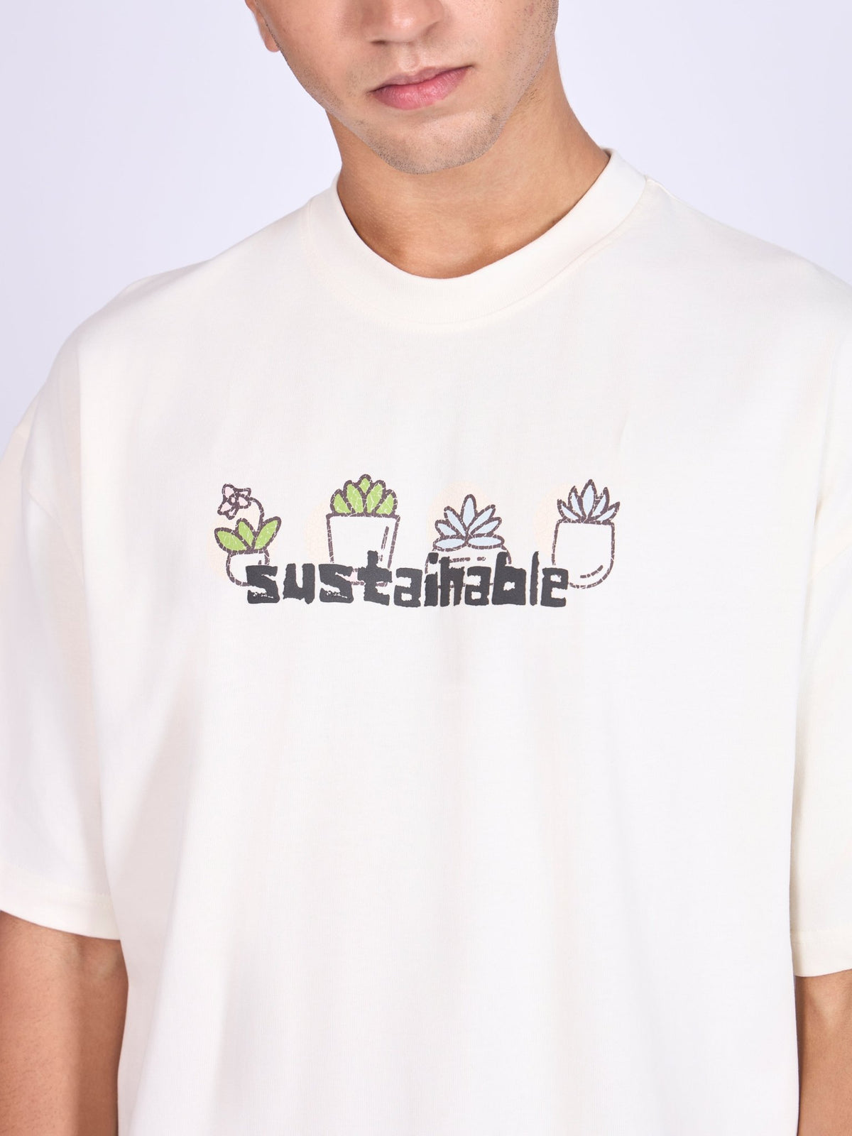 Everston - Sustainable Printed Baggy T-Shirt - Cream - Espanshe