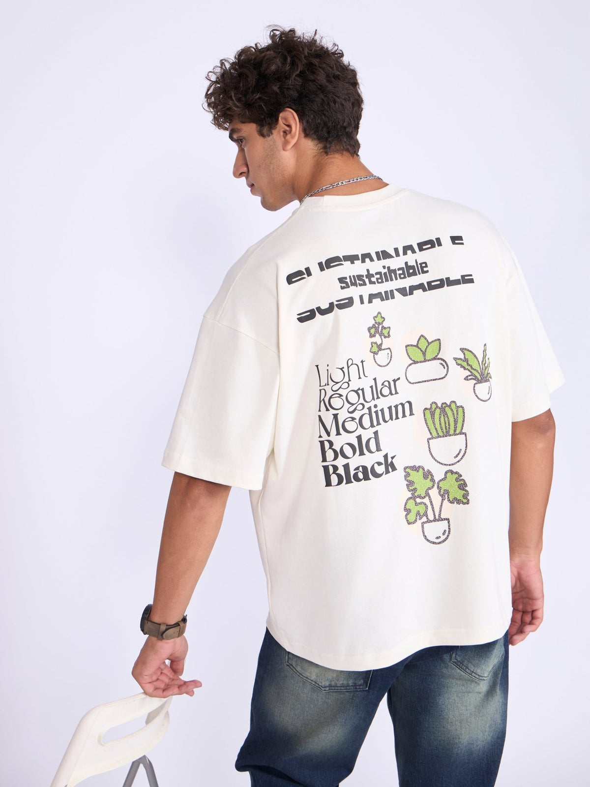 Everston - Sustainable Printed Baggy T-Shirt - Cream - Espanshe