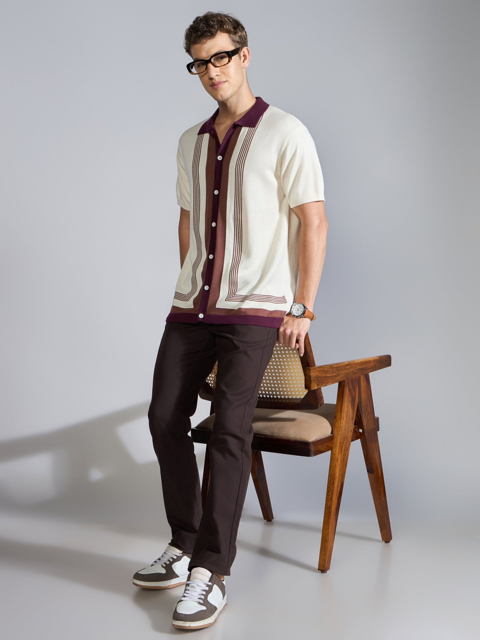 Kikeos-7 - Regular Fit Dual-Tone Retro Stripe Design Knit Polo Shirt - Cream - Espanshe