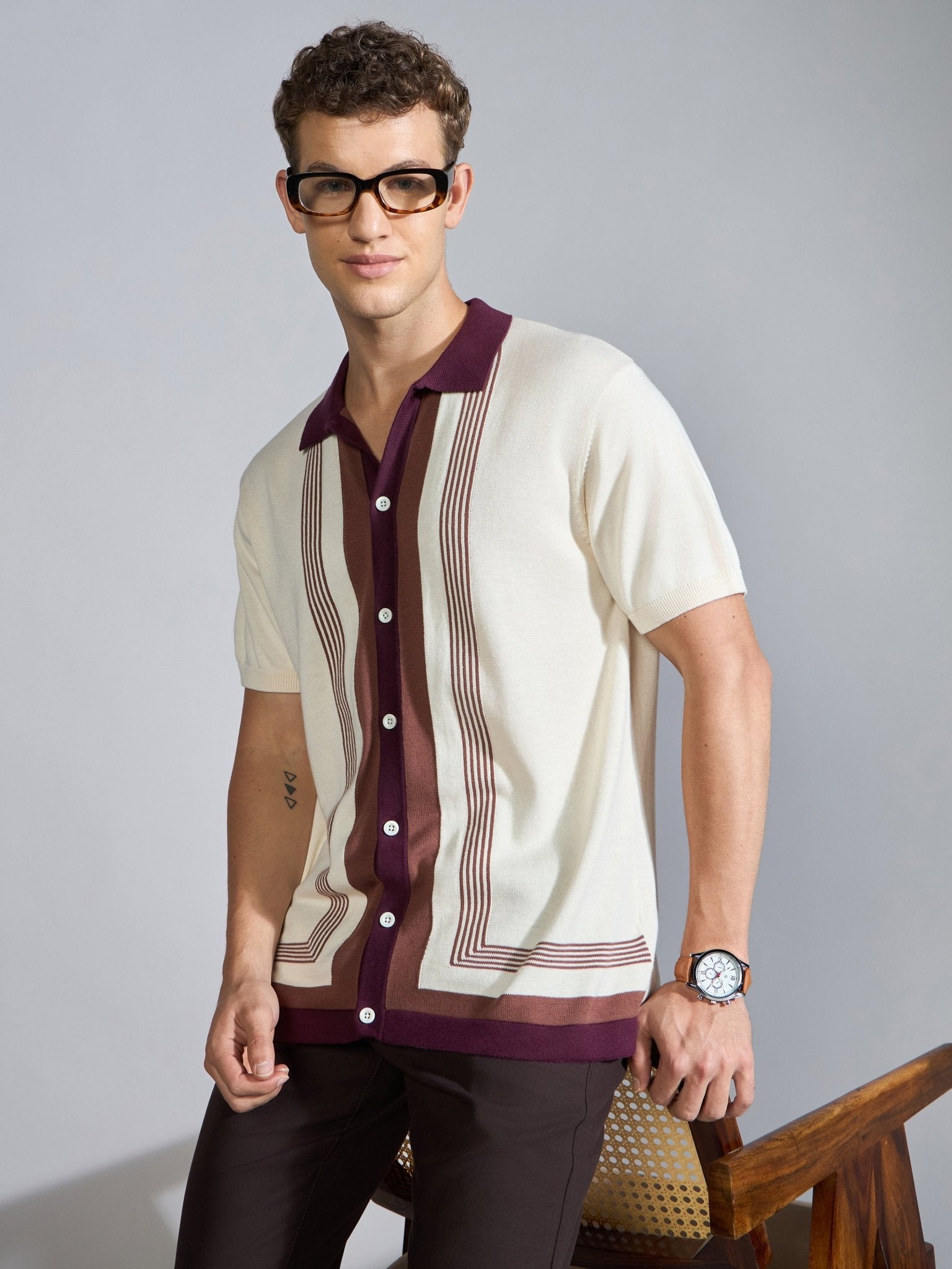Kikeos-7 - Regular Fit Dual-Tone Retro Stripe Design Knit Polo Shirt - Cream - Espanshe