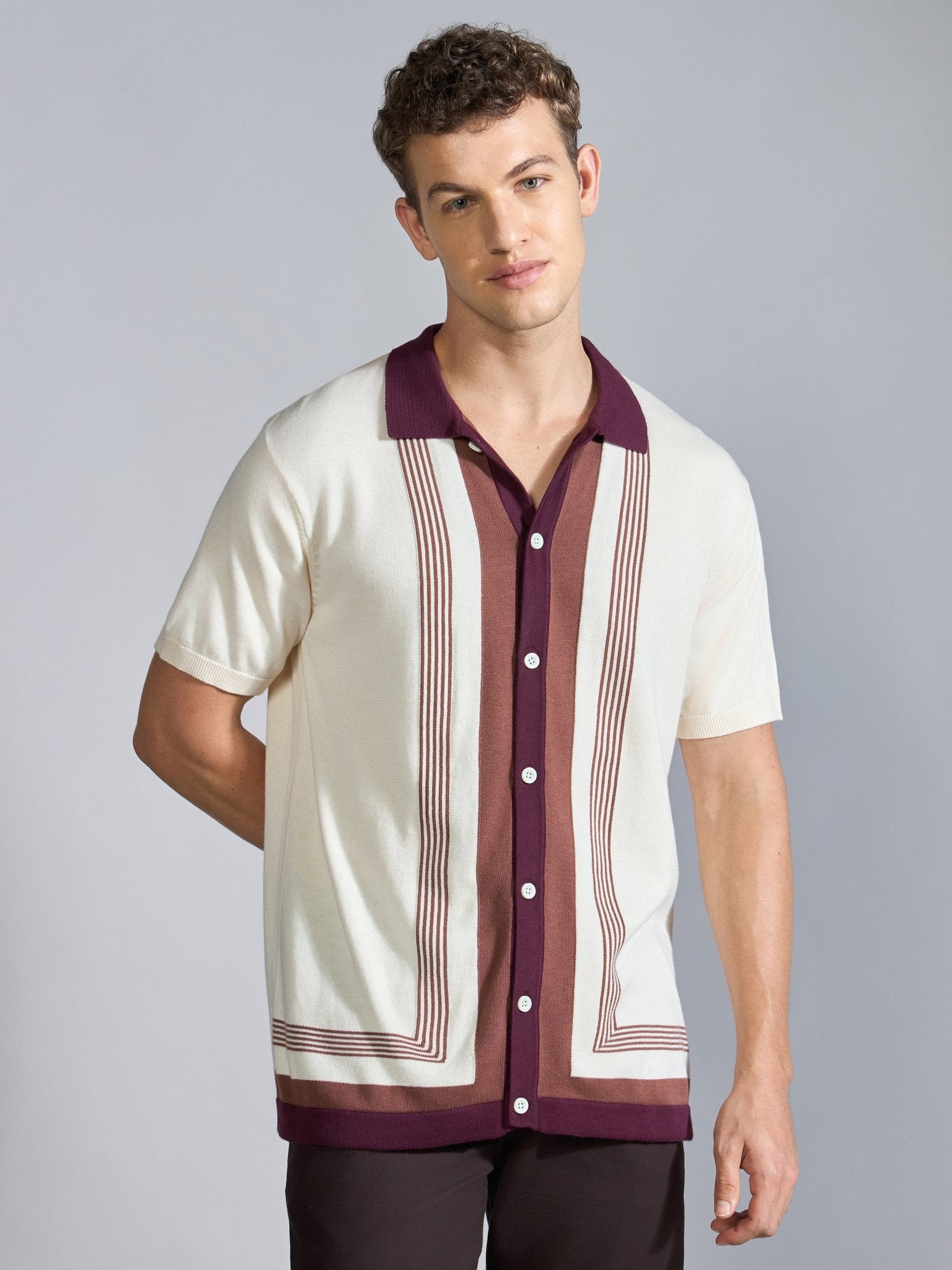 Kikeos-7 - Regular Fit Dual-Tone Retro Stripe Design Knit Polo Shirt - Cream - Espanshe