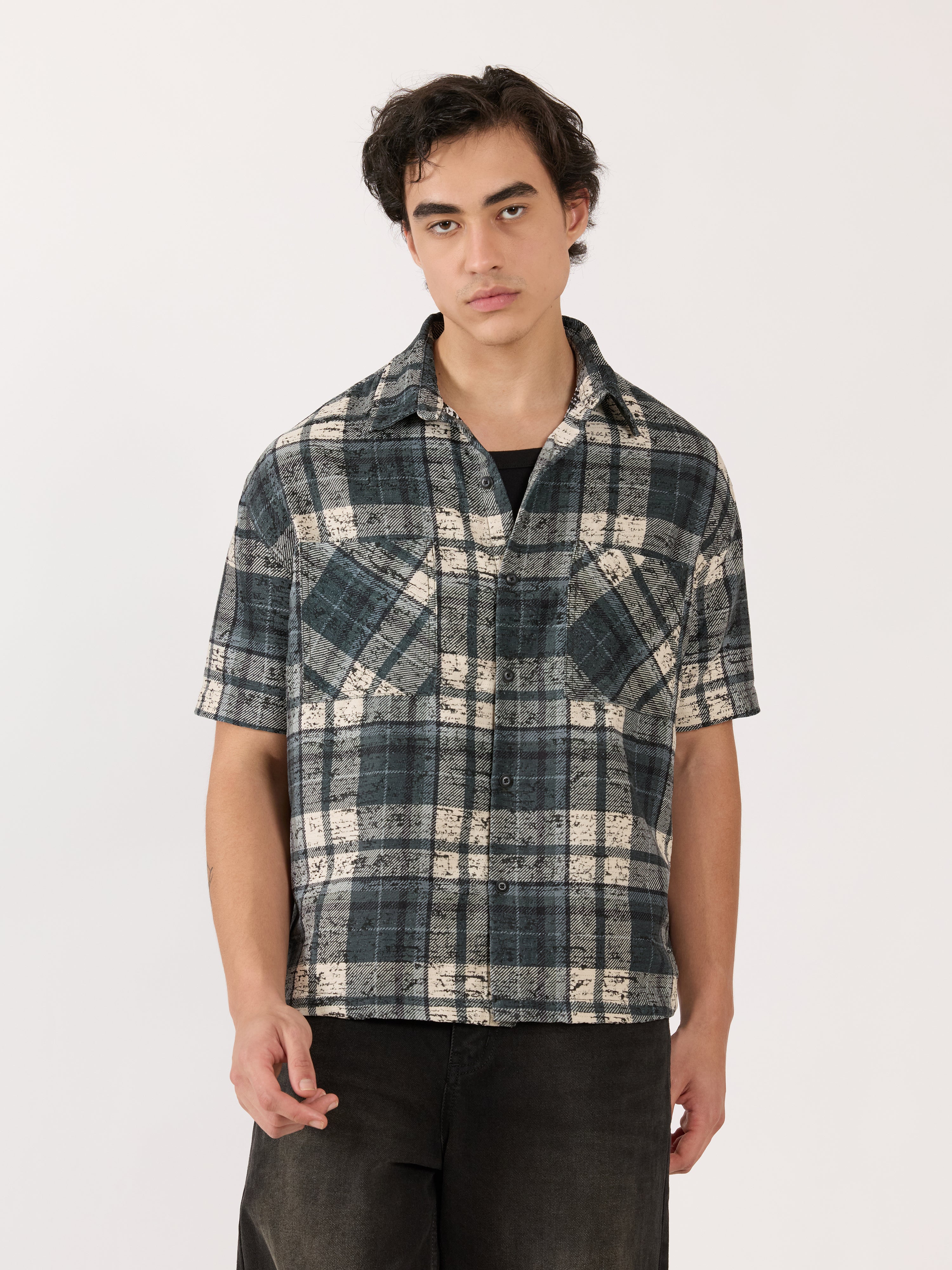 Temito - Oversized Halfsleeve Check Shirt - Corsair Blue