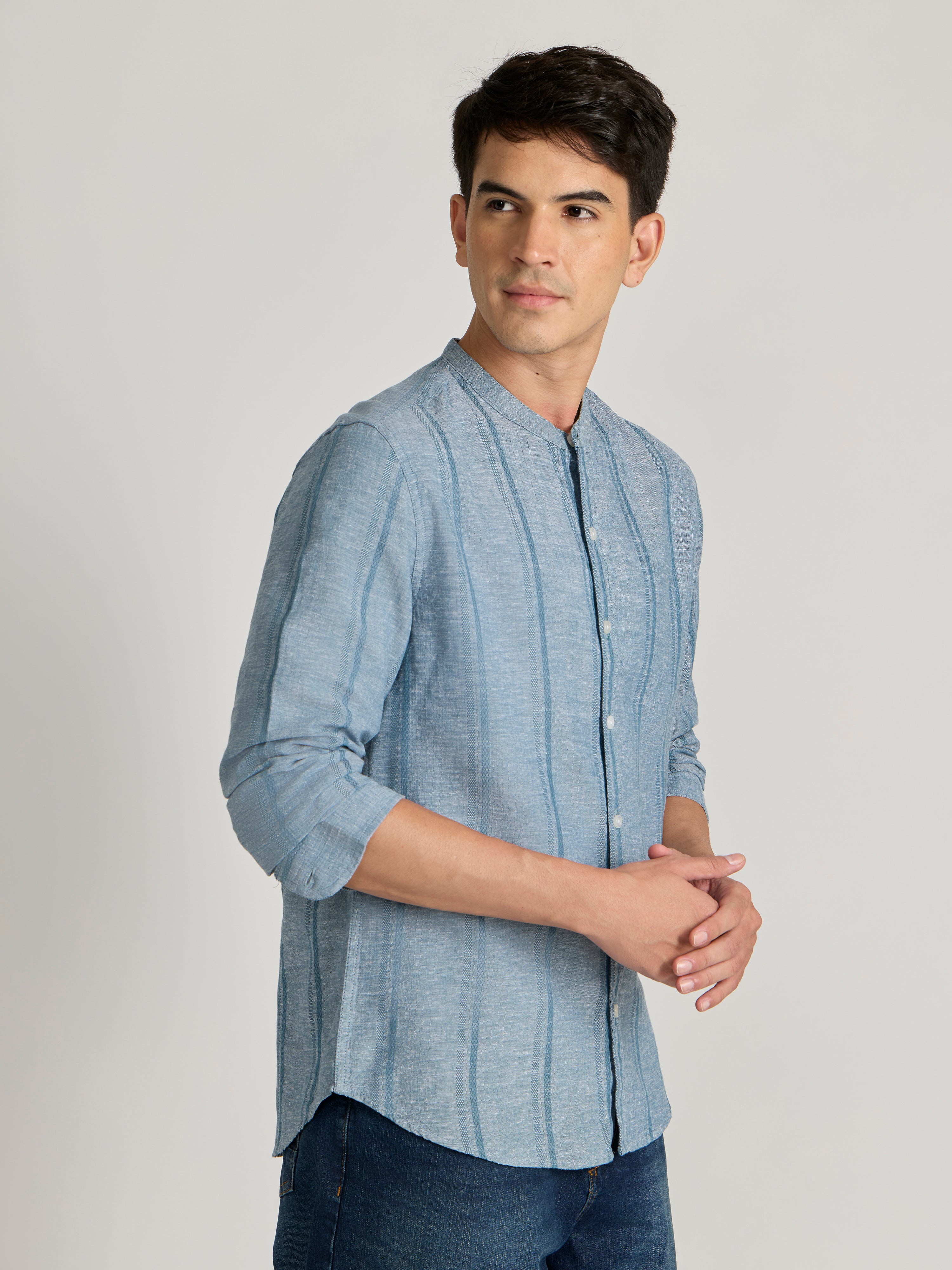 Men's Band Collar Striped Shirt in Blue