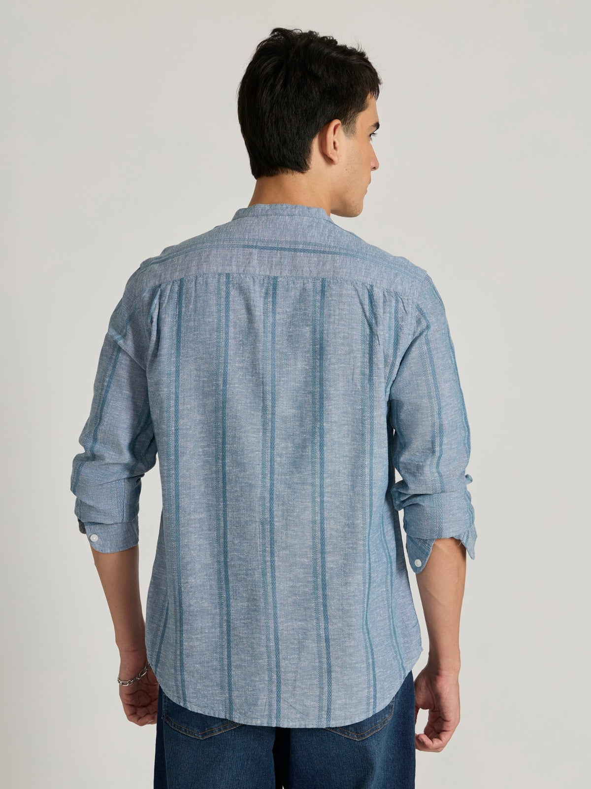 Salvator - Band Collar Striped Shirt - Blue - Espanshe