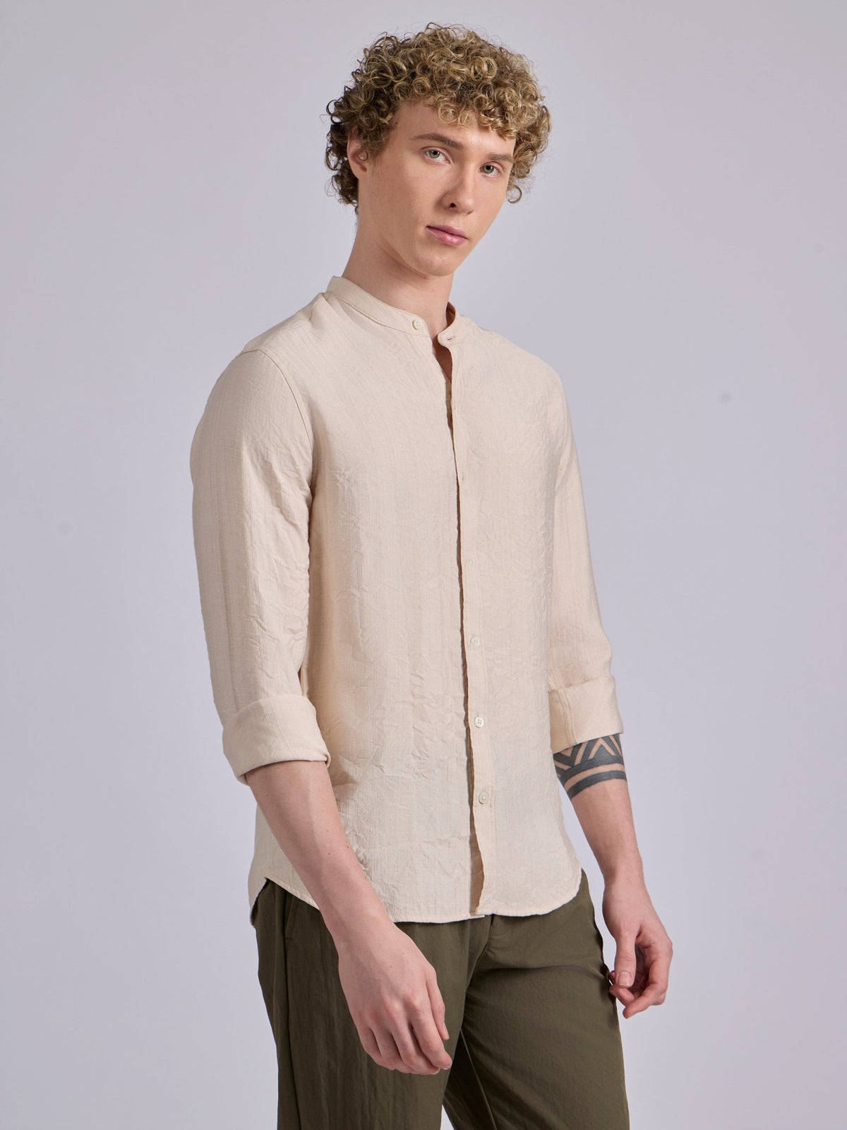 Pryor- Band Collar Plain Shirt - Pink - Espanshe
