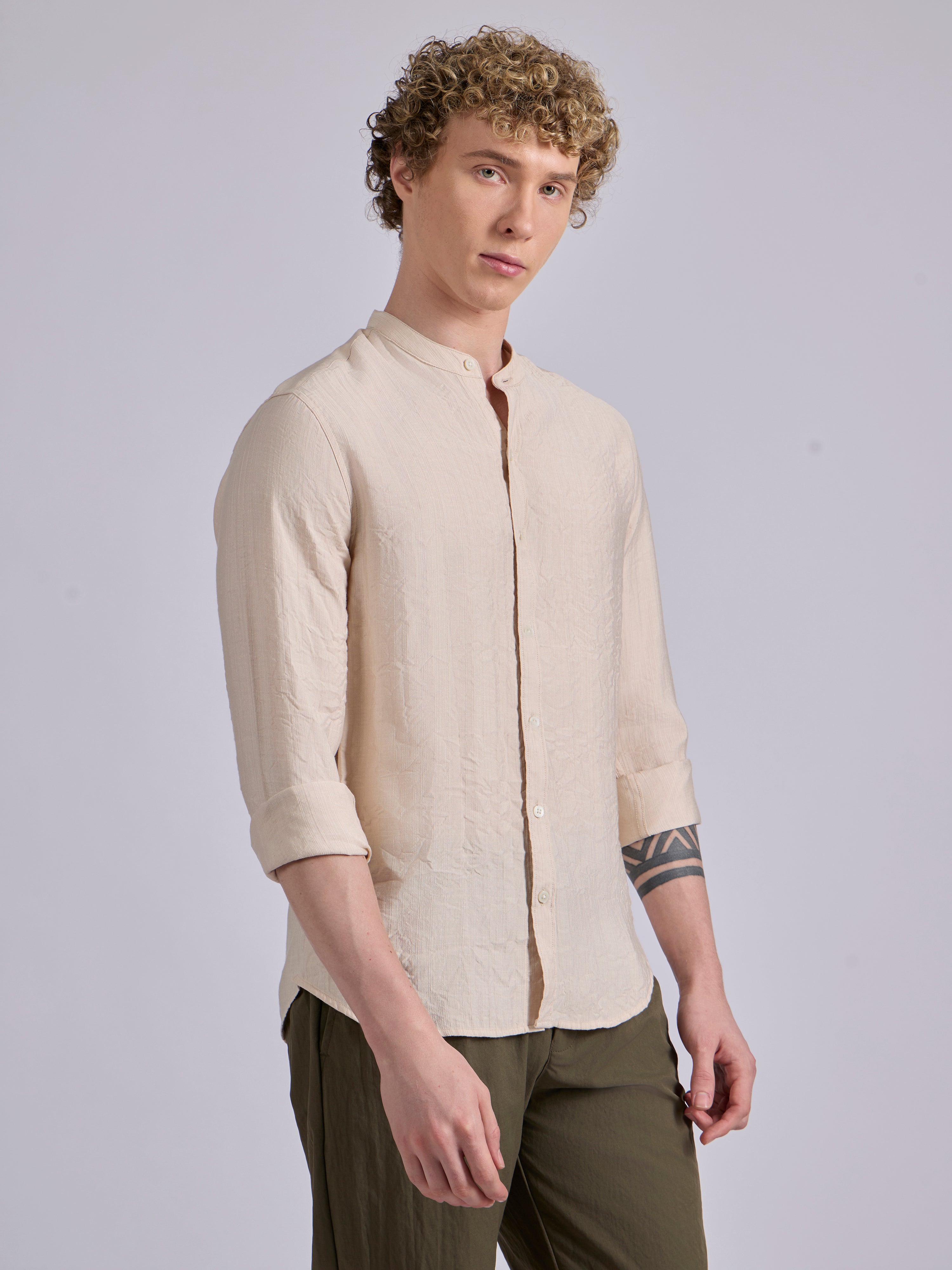 men's Mandarin Collar Plain Shirt -pink color