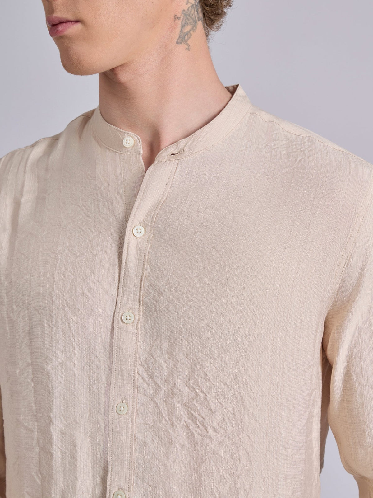 Pryor- Band Collar Plain Shirt - Pink - Espanshe