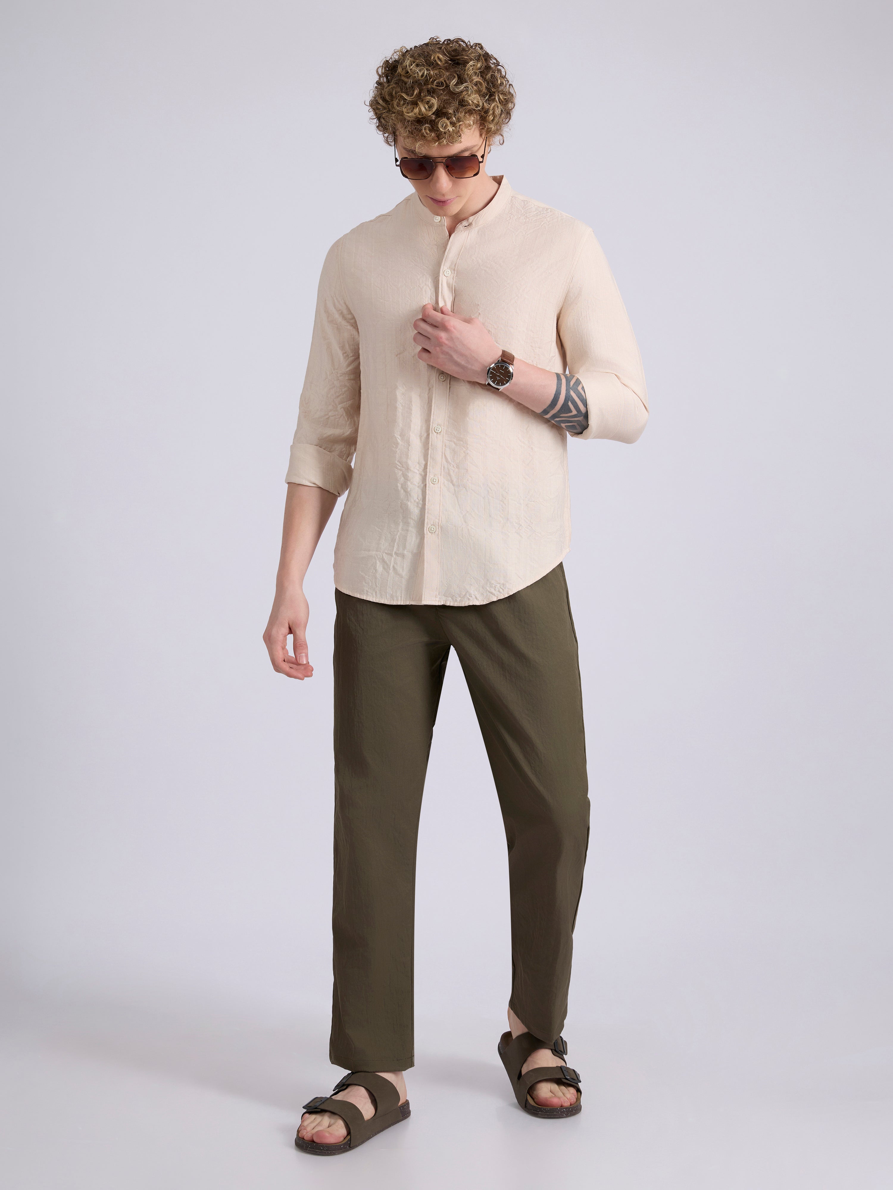 men's Mandarin Collar Plain Shirt -pink color