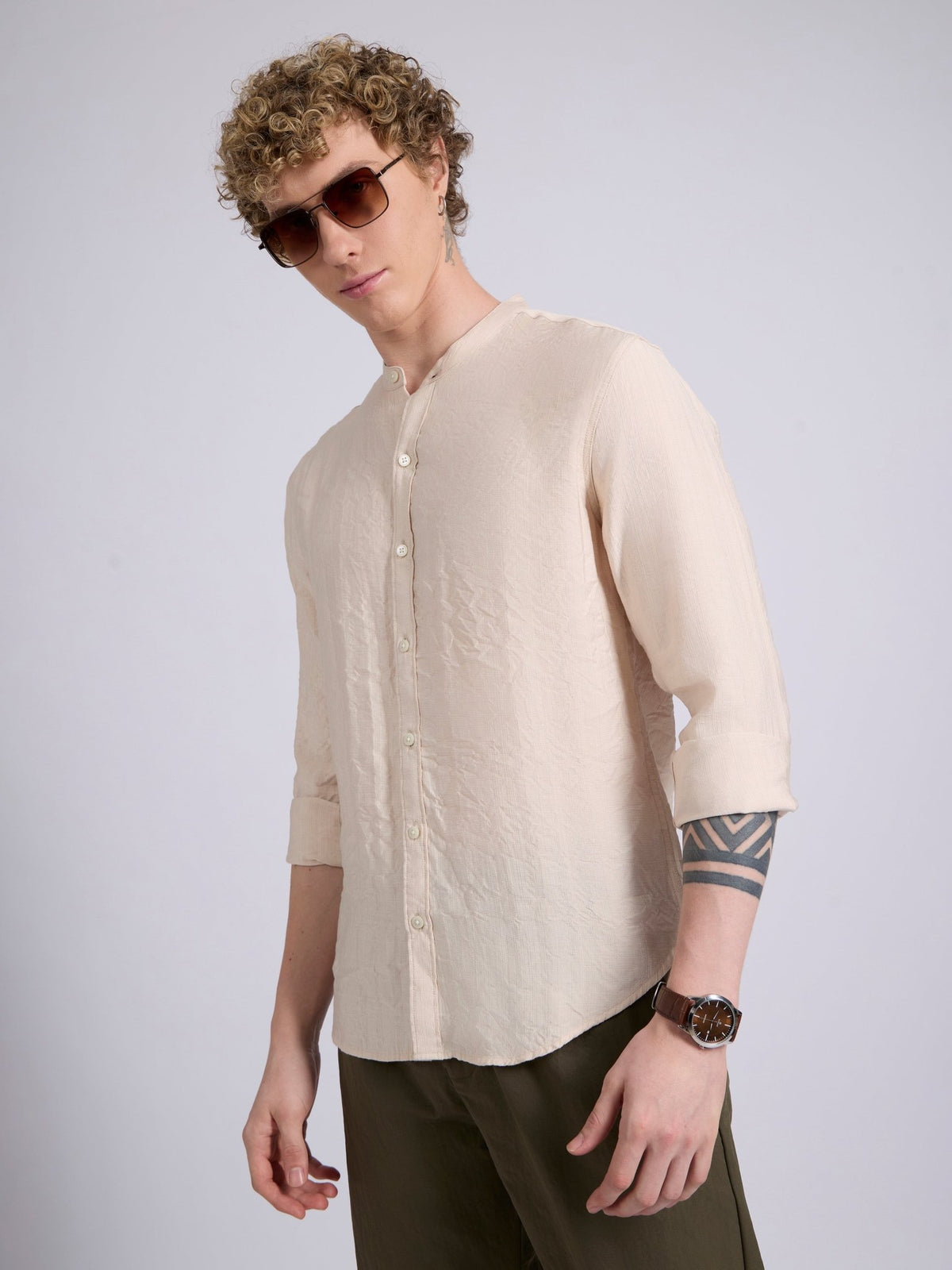 Pryor- Band Collar Plain Shirt - Pink - Espanshe
