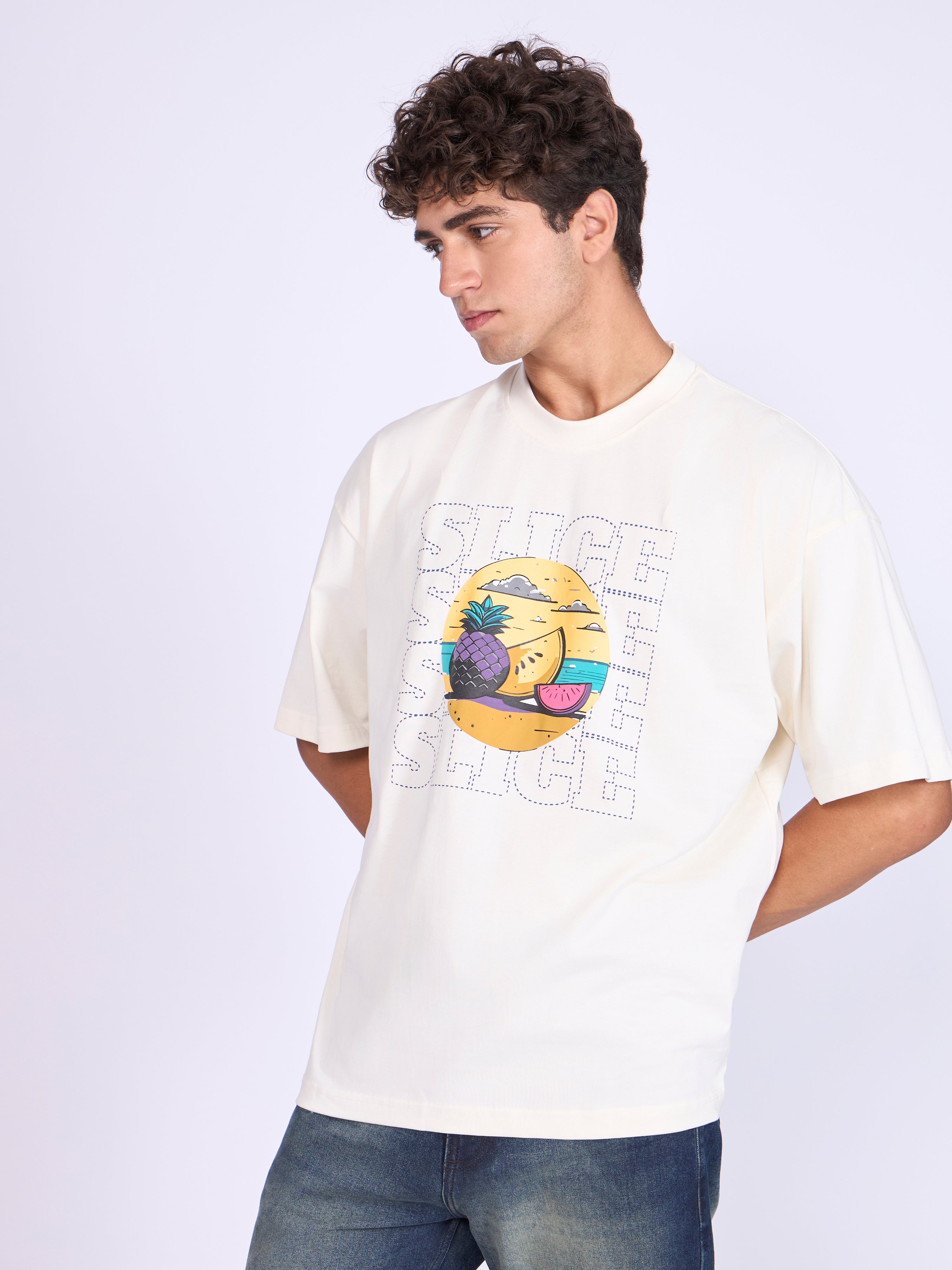 Men's Printed Baggy T-Shirt - Cream