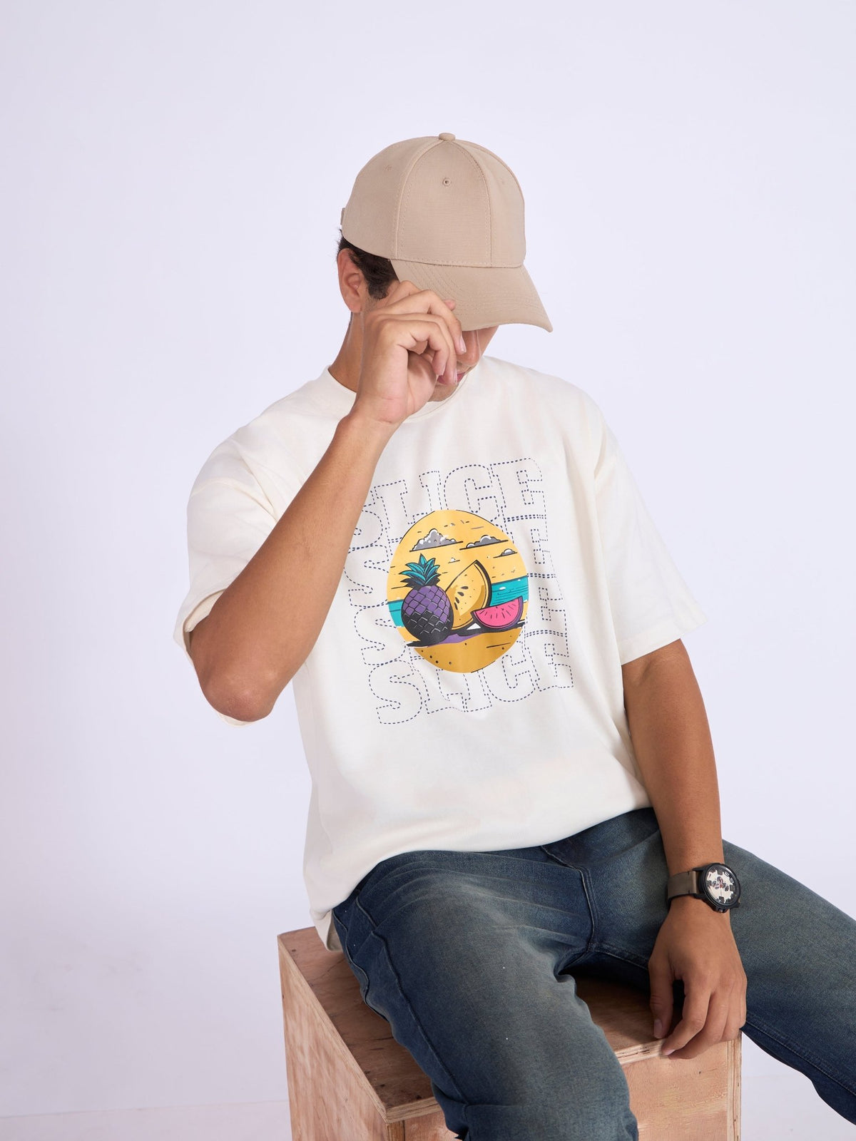 Everston - Slice Printed Baggy T-Shirt - Cream - Espanshe