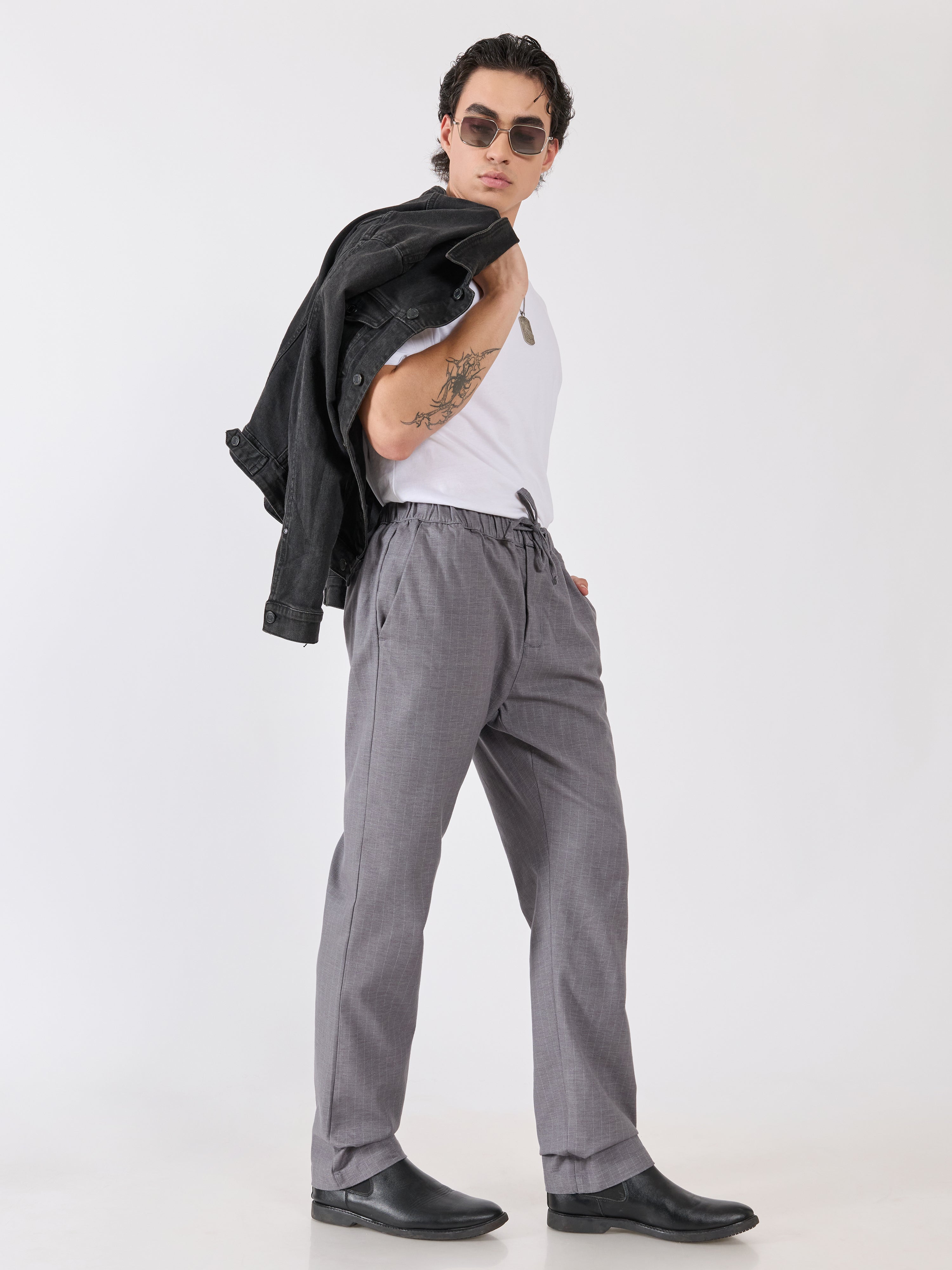 mens Striped Drawstring Loose Fit Pant - gray