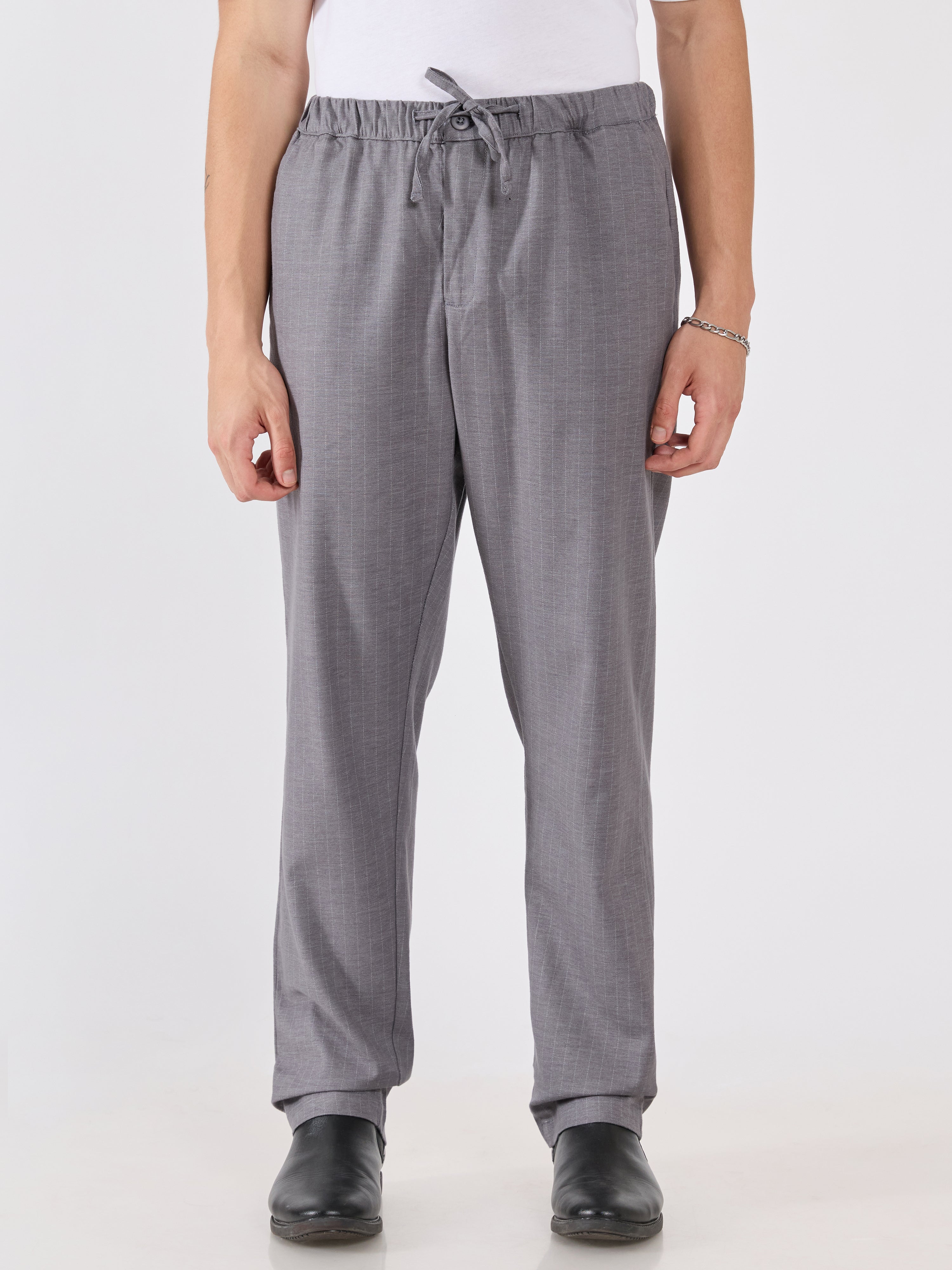 mens Striped Drawstring Loose Fit Pant - gray