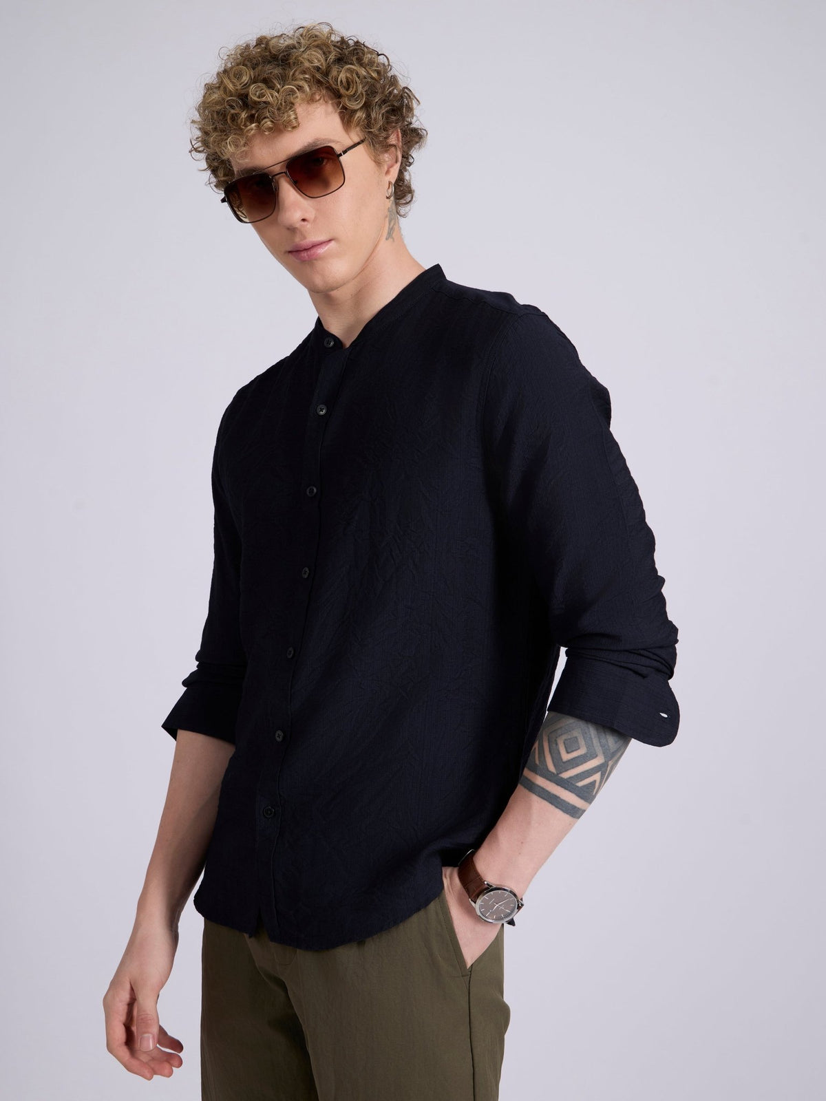 Pryor - Band Collar Plain Shirt - Navy Blue - Espanshe