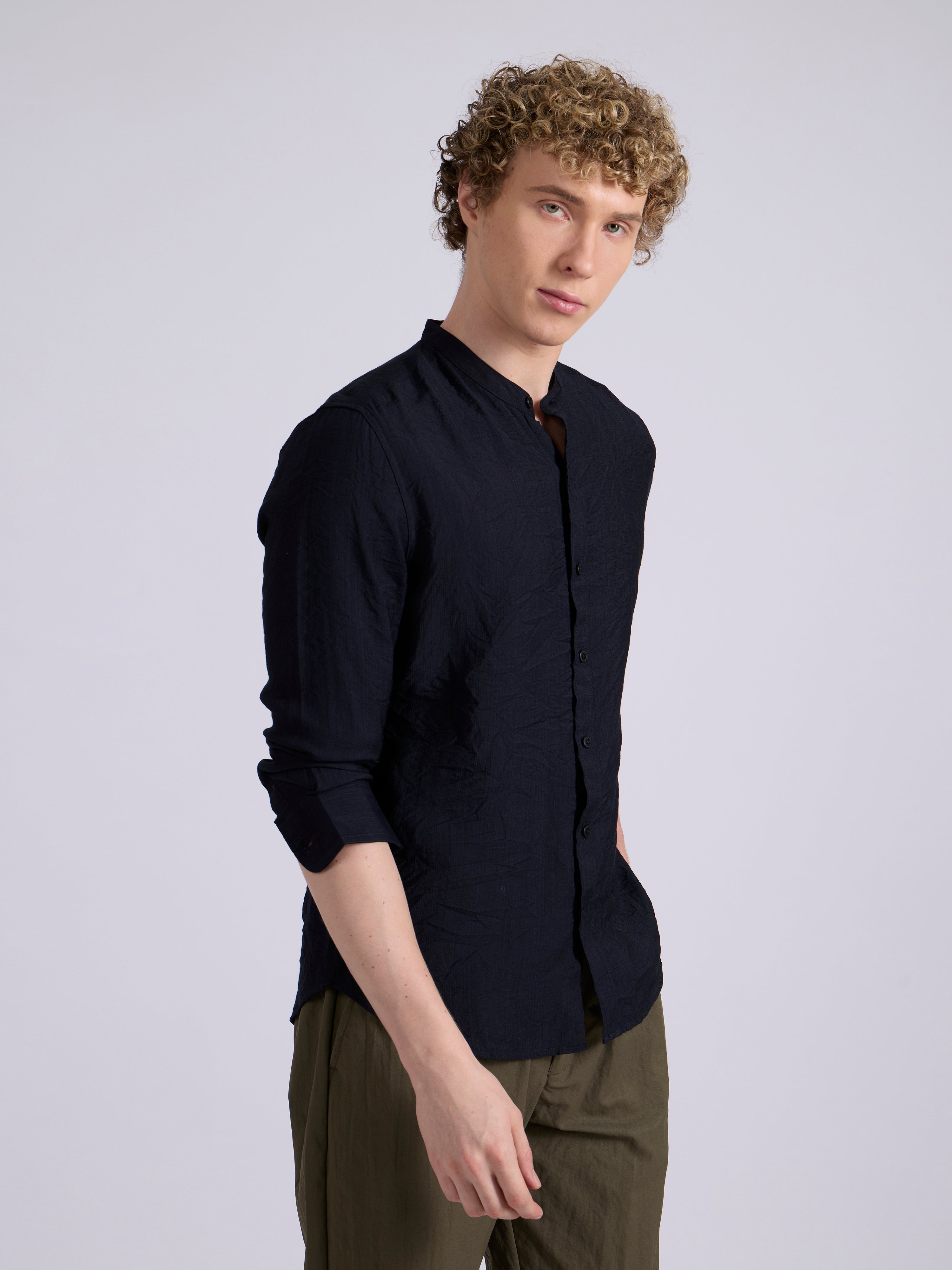 men's Mandarin Collar Plain Shirt -navy blue