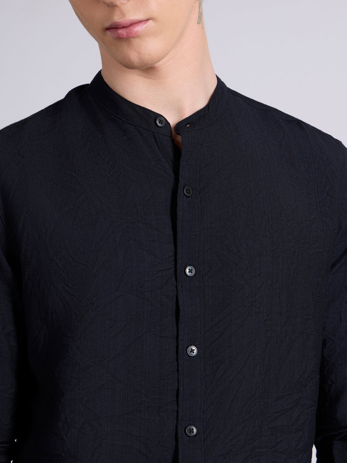 Pryor - Band Collar Plain Shirt - Navy Blue - Espanshe