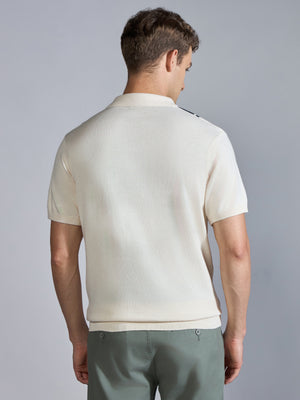 Men's Regular Fit Vertical Stripe Knit Polo T-Shirt in Cream