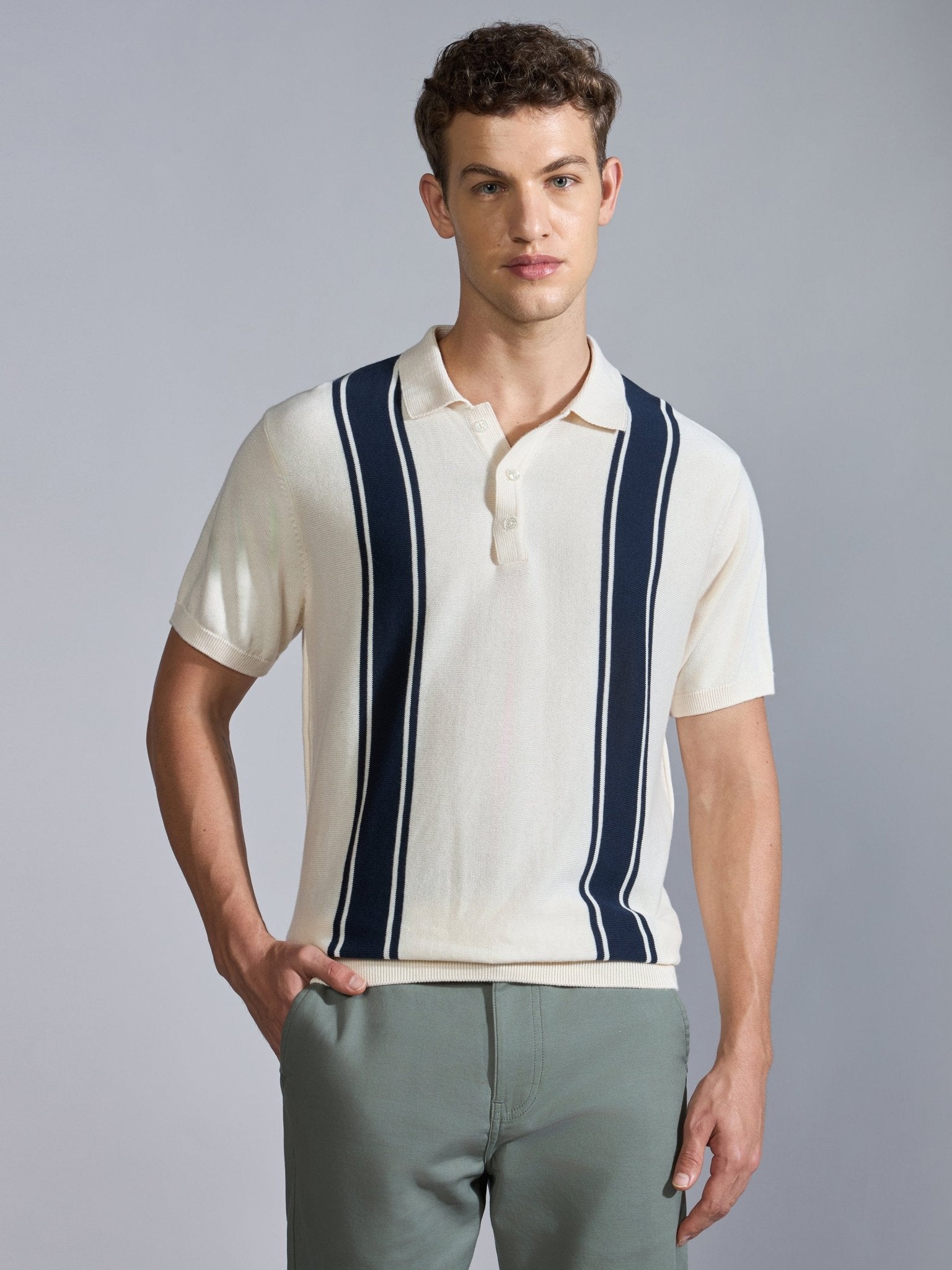 Kikeos-5 - Regular Fit Vertical Stripe Knit Polo T-Shirt - Cream - Espanshe