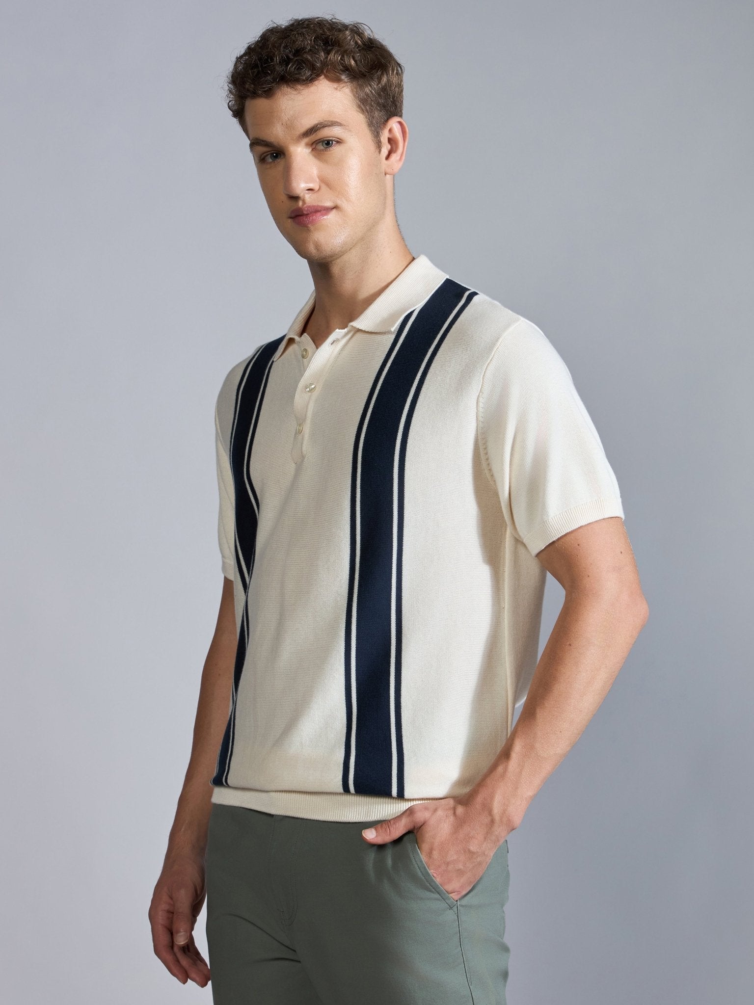 Kikeos-5 - Regular Fit Vertical Stripe Knit Polo T-Shirt - Cream - Espanshe