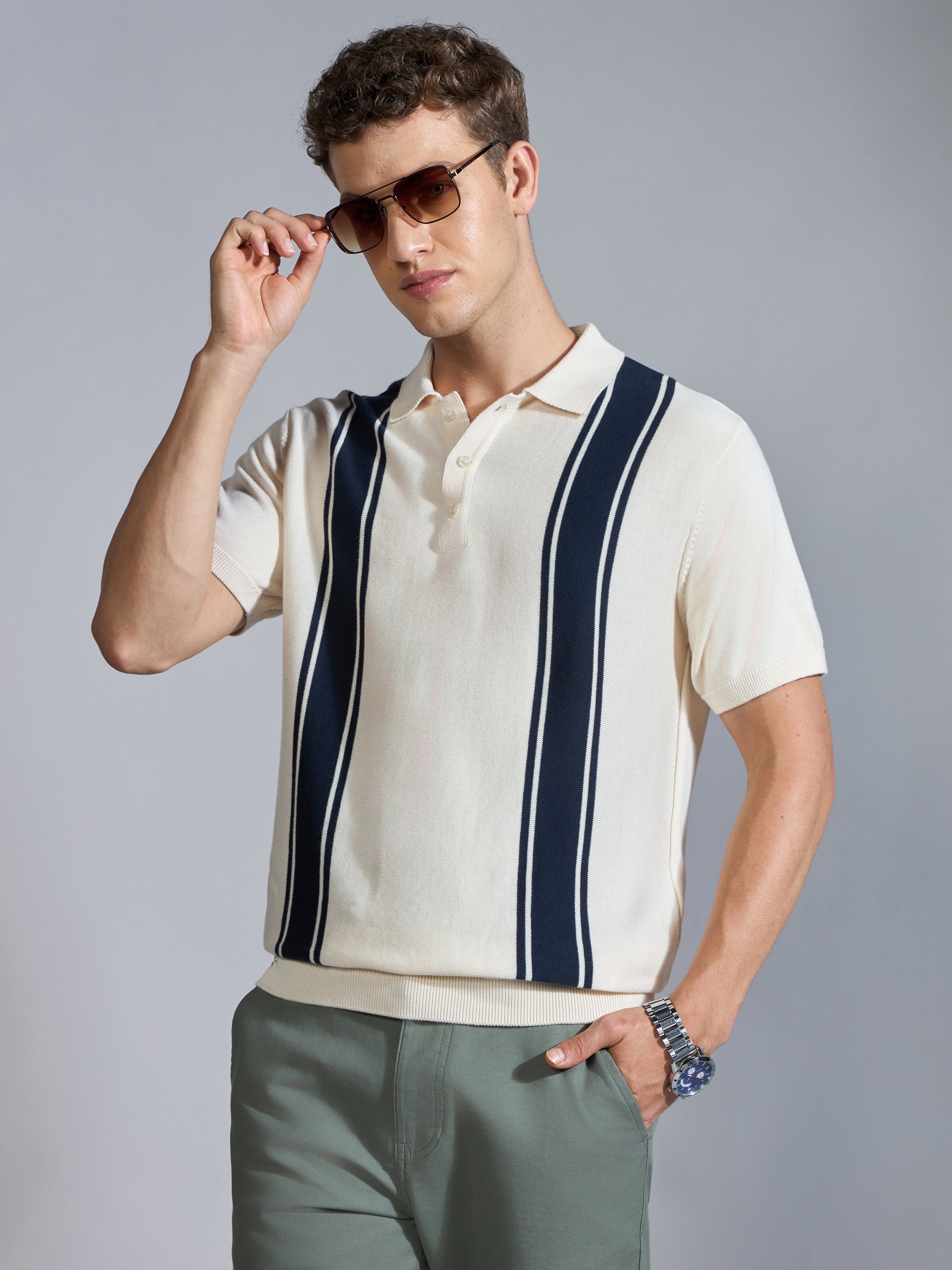 Men's Regular Fit Vertical Stripe Knit Polo T-Shirt in Cream