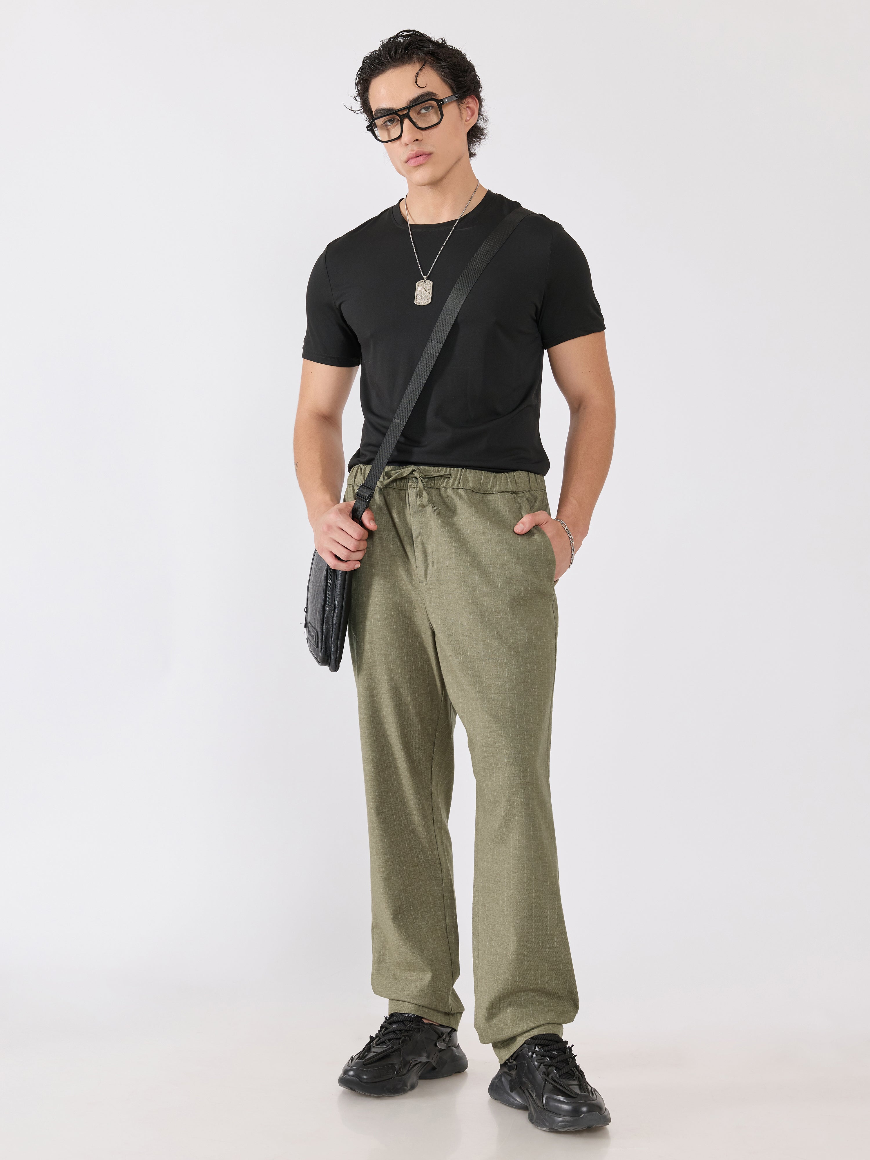 mens Striped Drawstring Loose Fit Pant - olive